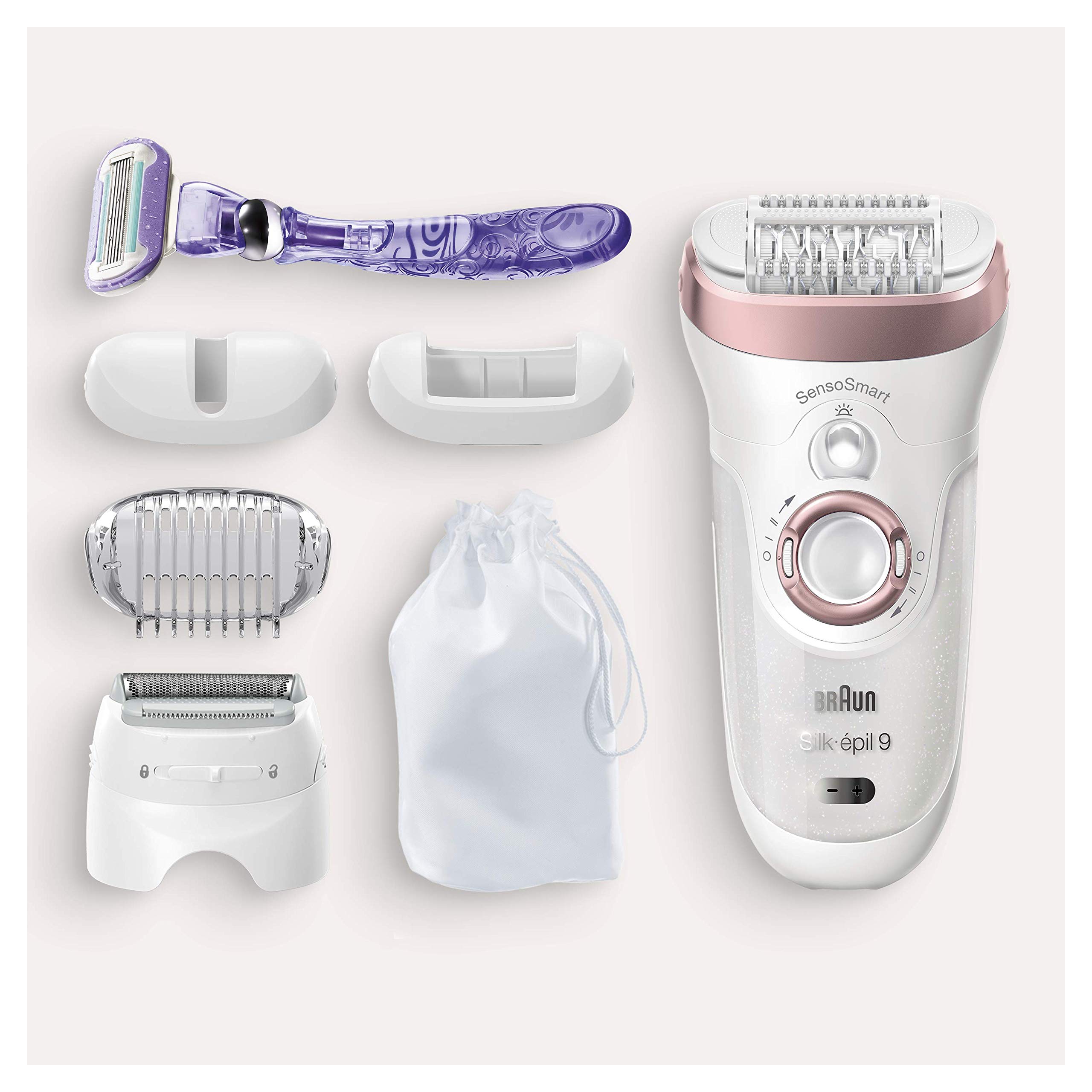 Braun Silk-épil 9 9-870 Depiladora Mujer Eléctrica para Depilación Duradera, Incluye Maquinilla Venus, Capuchón de Masaje, Cabezal de Rasurado y Recorte, Blanco/Oro Rosa