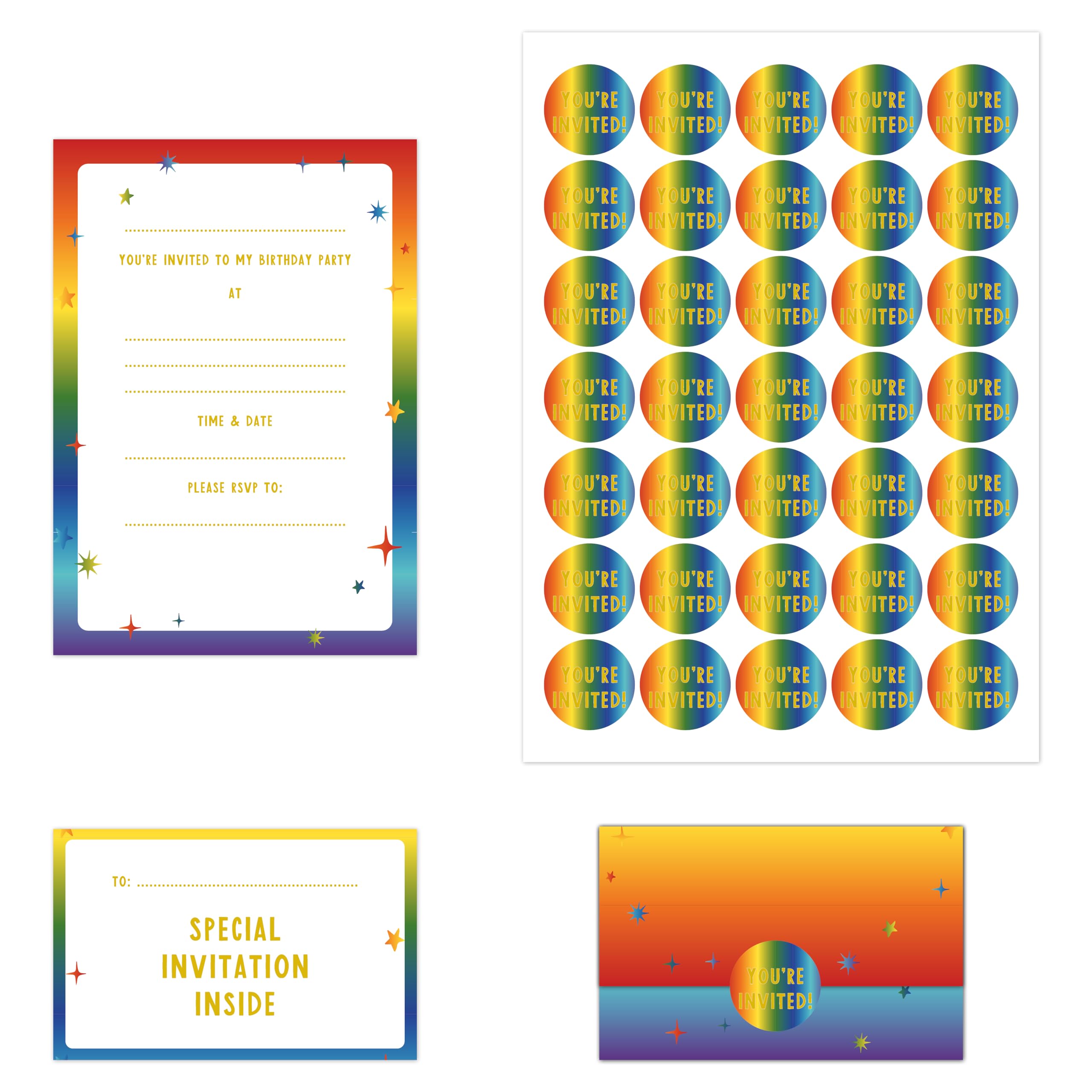 Manta Makes 35 Kids Childrens birthday party invitations, kids invites with envelope design for girls or boys with free stickers (Rainbow)