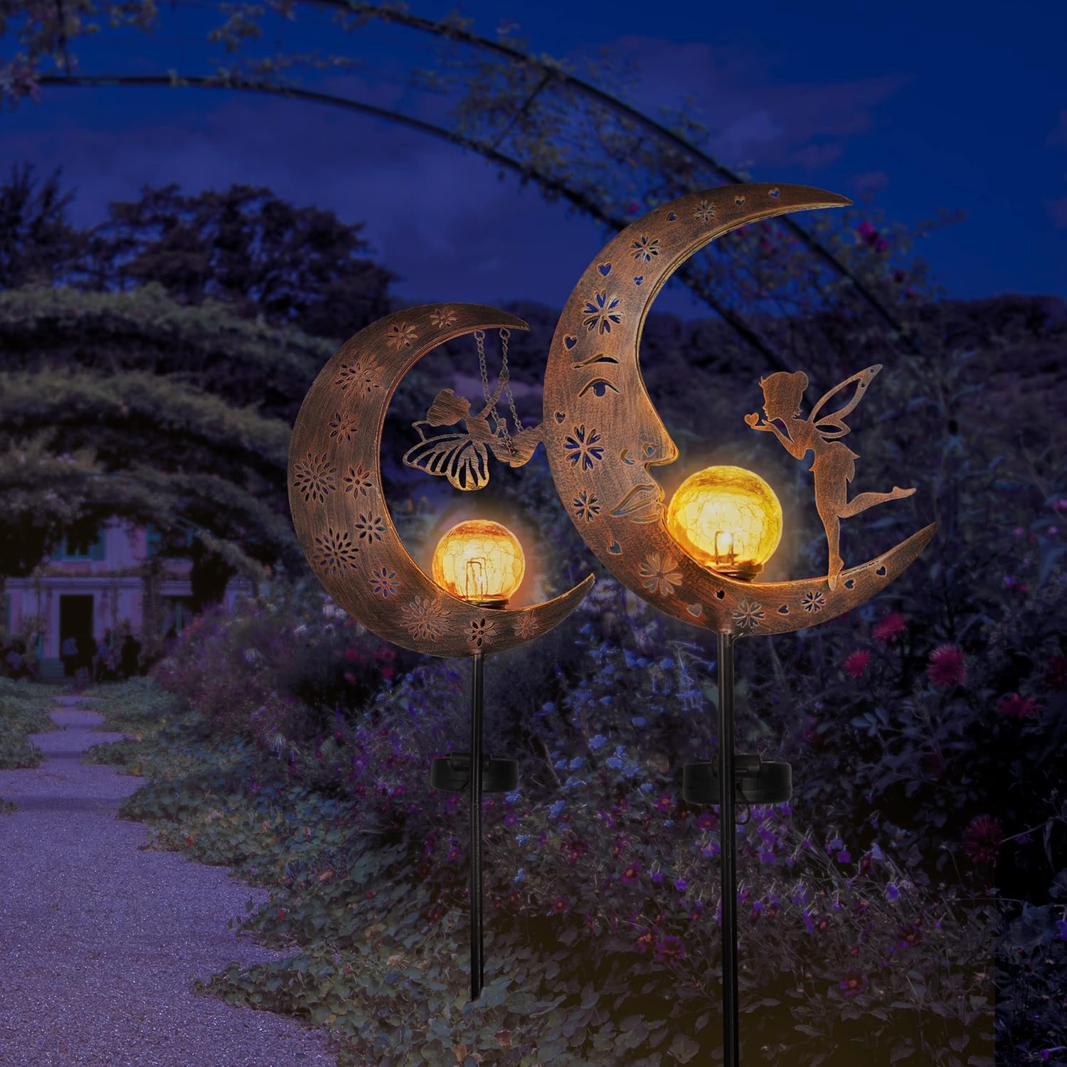 TERESA'S COLLECTIONS 2 Pcs Fairy Moon Garden Accessories for Yard Decorations Outdoor, Solar Lights for Garden Decor Outside, 40" Metal Yard Stake Pathway Lights for Patio, Gift for Christmas