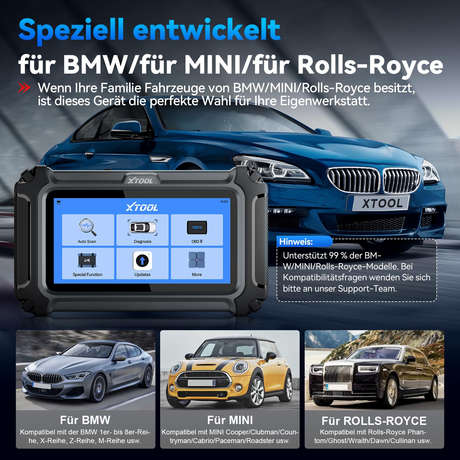 XTOOL IP500-BMR OBD2 Diagnosegerät für BMW/Mini/RR, ECU Codierung, Bidirektionale Steuerung, Vollsystem, Batterieregistrierung, 23+ Resets, ABS EPB SAS SRS DPF, Live-Daten, Lebenslang Updates