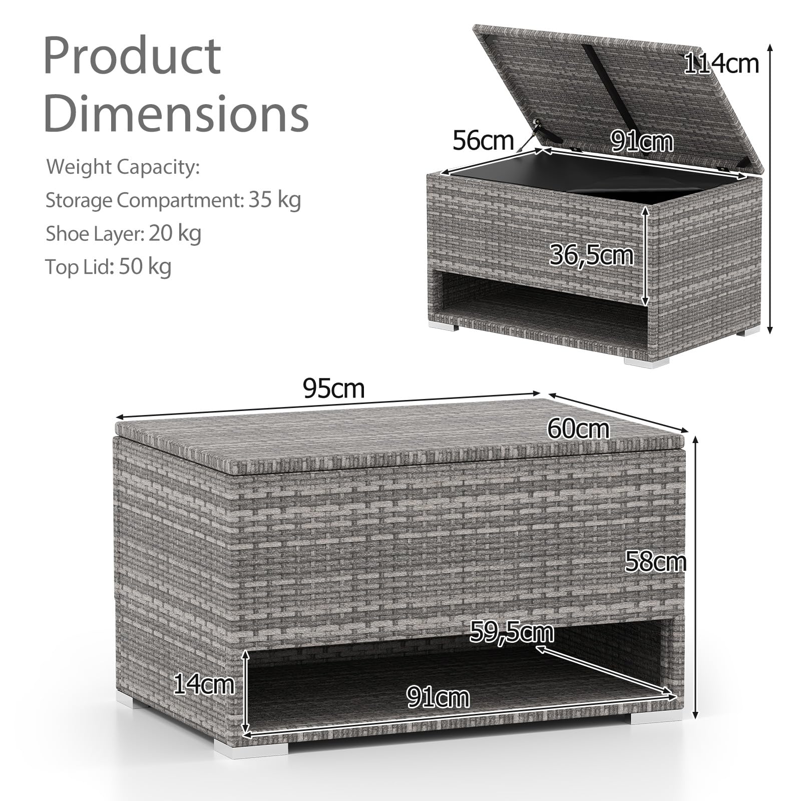 LIFEZEAL Contenitore in polyrattan 186 l 95 x 60 x 58 cm grigio resistente alle intemperie