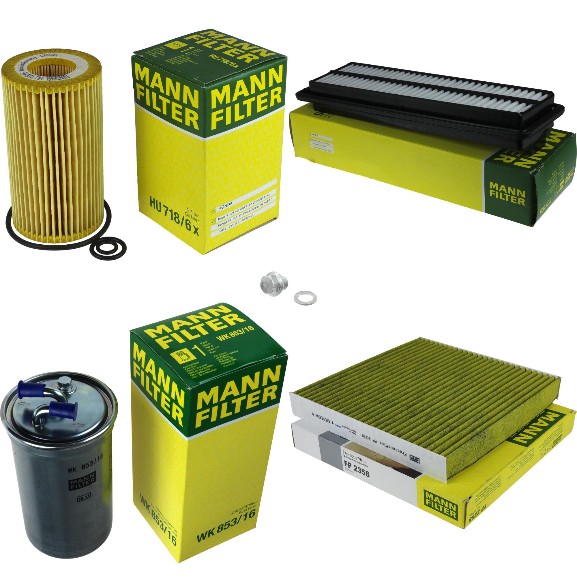 Paquete de inspección Kit de mantenimiento de filtros con filtro de aceite HU 718/6 x, filtro de aire C 37 005, filtro de combustible WK 853/16, filtro de habitáculo FP 2358, tornillo de