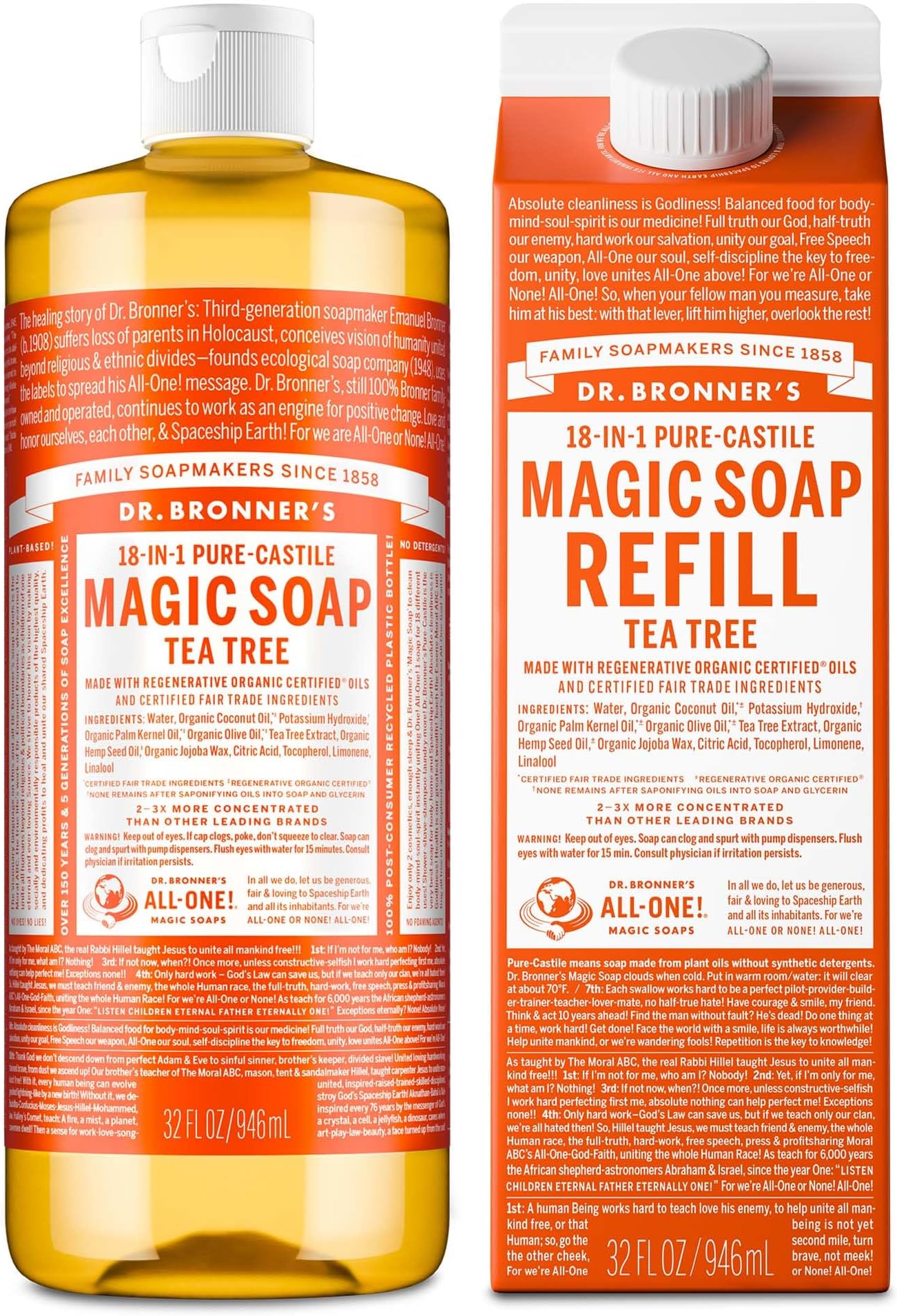 Dr. Bronner's Pure-Castile Magic Soap Liquid- Made with Regenerative Organic Certified Oils- For Body, Face, Hair, Dishes, Laundry, Vegan Bath Soaps for Men & Women, Non-GMO- Tea Tree, 32oz + Refill
