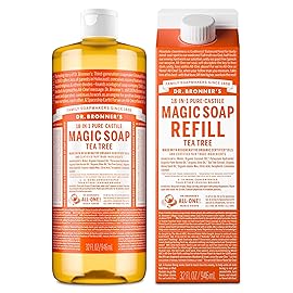 Dr. Bronner\'s Pure-Castile Magic Soap Liquid- Made with Regenerative Organic Certified Oils- For Body, Face, Hair, Dishes, Laundry, Vegan Bath Soaps for Men & Women, Non-GMO- Tea Tree, 32oz + Refill