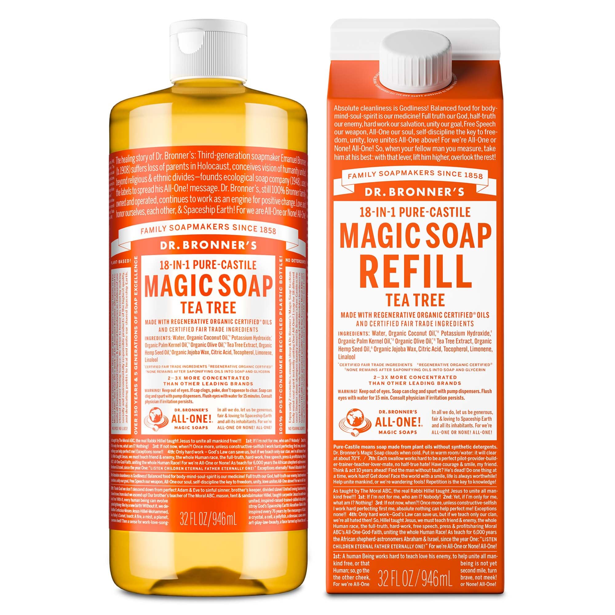 Dr. Bronner's Pure-Castile Magic Soap Liquid- Made with Regenerative Organic Certified Oils- For Body, Face, Hair, Dishes, Laundry, Vegan Bath Soaps for Men & Women, Non-GMO- Tea Tree, 32oz + Refill