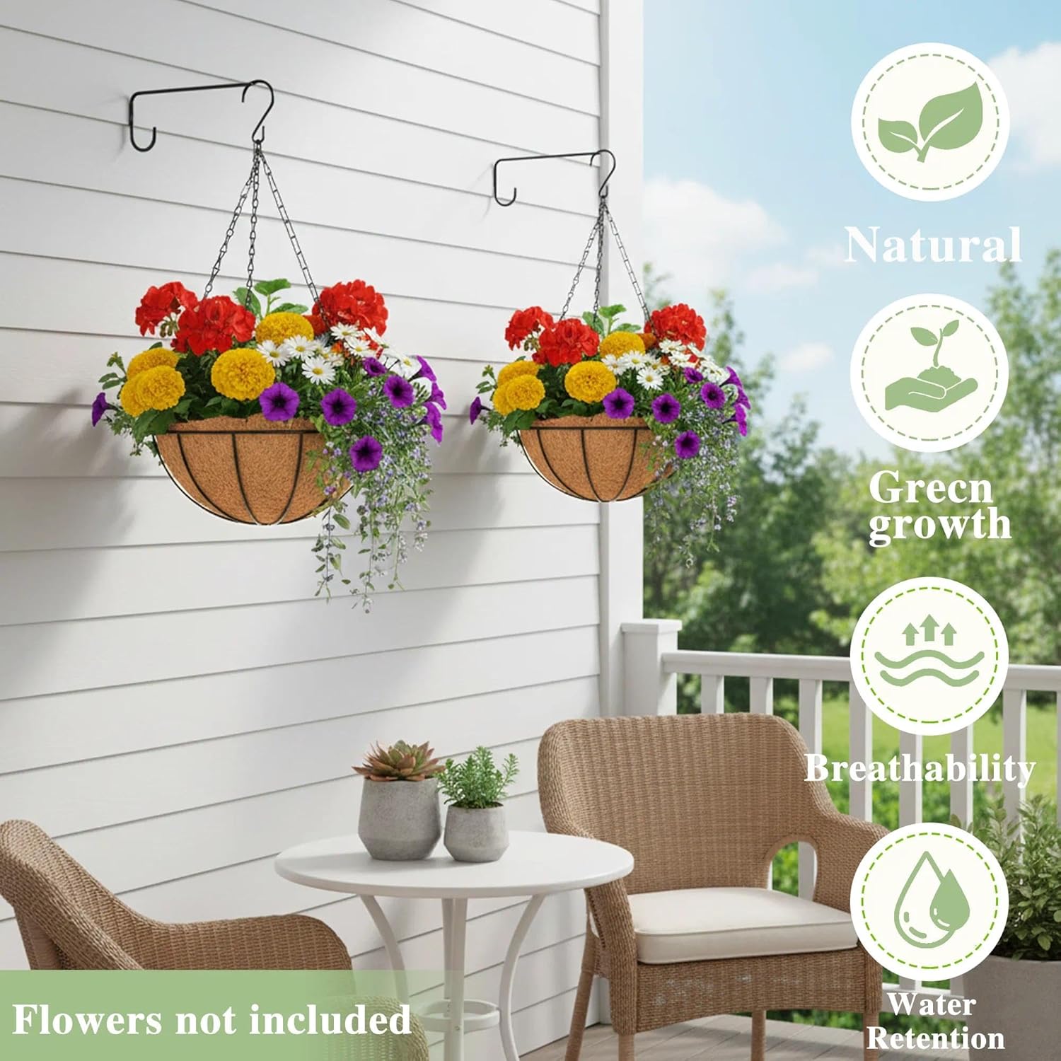 EIMQUVW Outdoor Metal Hanging Planters Basket (4pack, 10 inch) Hanging Baskets for Plants Chain Round Wire Plant Holder with Coco Fiber Liners for Garden, Patio, Deck, Porch