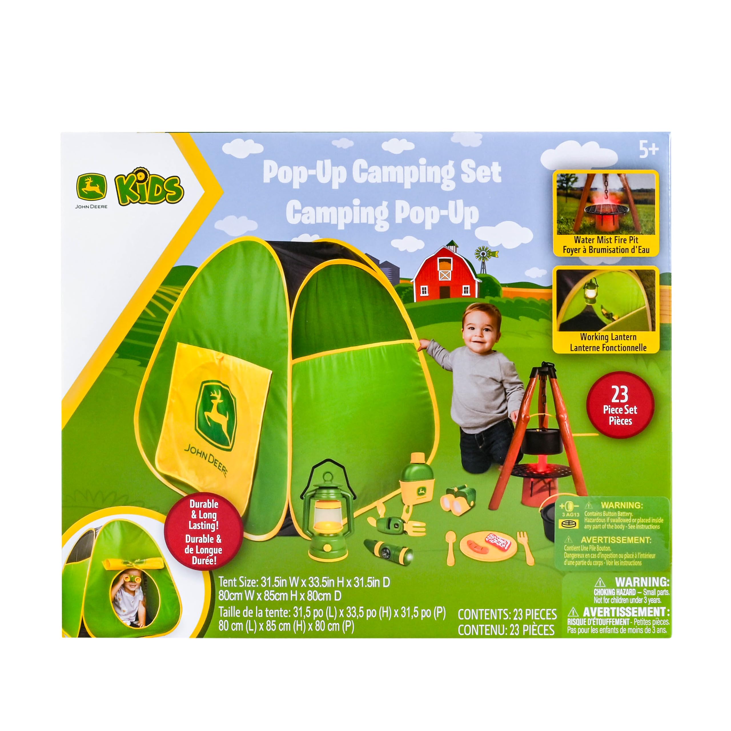 John Deere Tenda da campeggio pop-up, set da 18 pezzi, include mensa, piatti, utensili, cibo da gioco, pentole, binocoli, lanterna e torcia, giochi per interni ed esterni