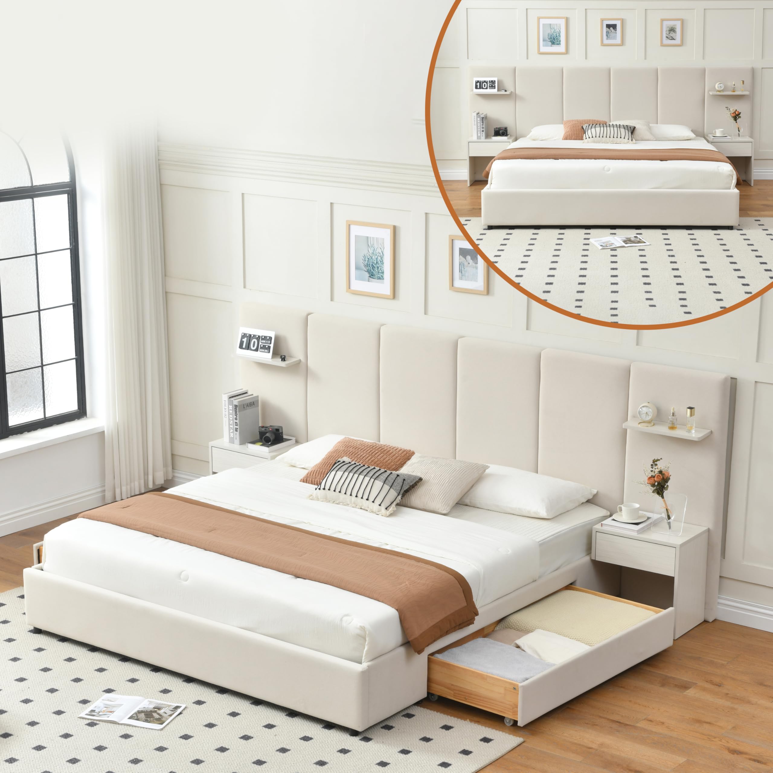 QNZK Velvet Bed with Nightstands