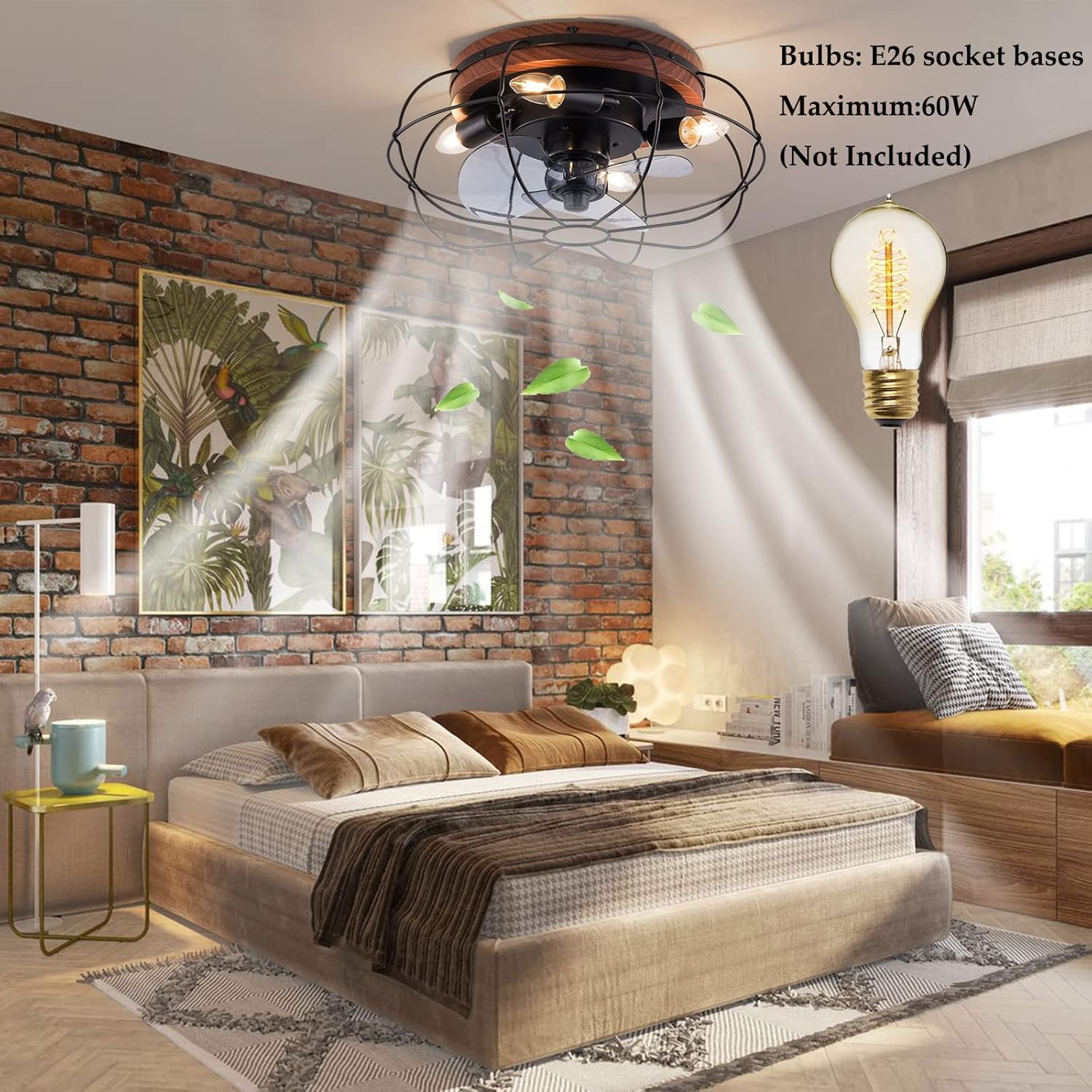 LOYALHEARTDY Black Caged Ceiling Fan with Lights, 18" Remote Control Ceiling Fans Lights with 3-Level Wind Speed and Timer, Farmhouse Low Profile Flush Mount Ceiling Fan for Kitchen Bedroom