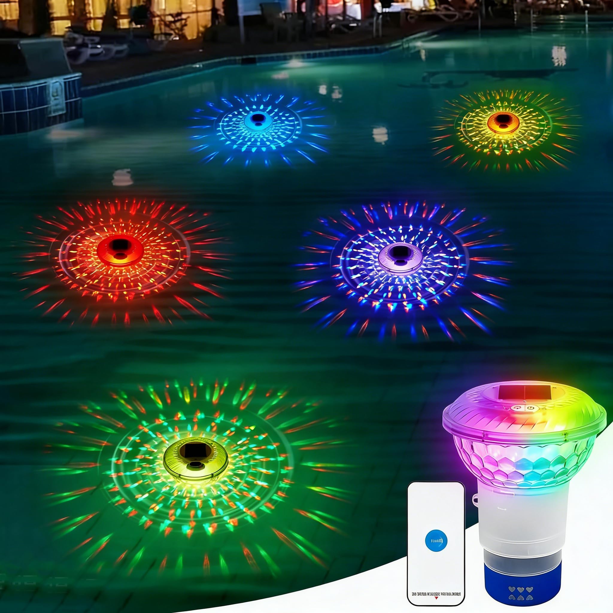 Mineup Diffuseur Chlore Piscine, Lampe Solaire Piscine Flottante avec Télécommande, Flotteur Chlore Piscine, Distributeur de Chlore Flottant, débit réglable et ouverture facile, lampe décorative RGB p