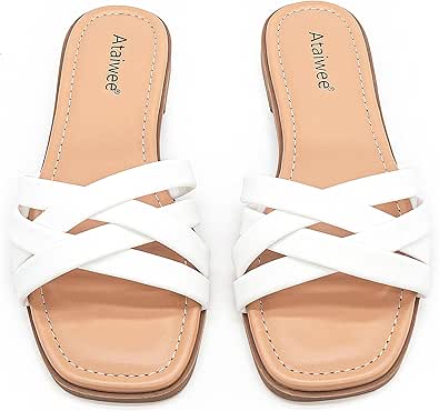 Ataiwee Women's Wide Width Flat Slide Sandals - Casual Cute Dressy Strappy Slip on Flat Summer Shoes.