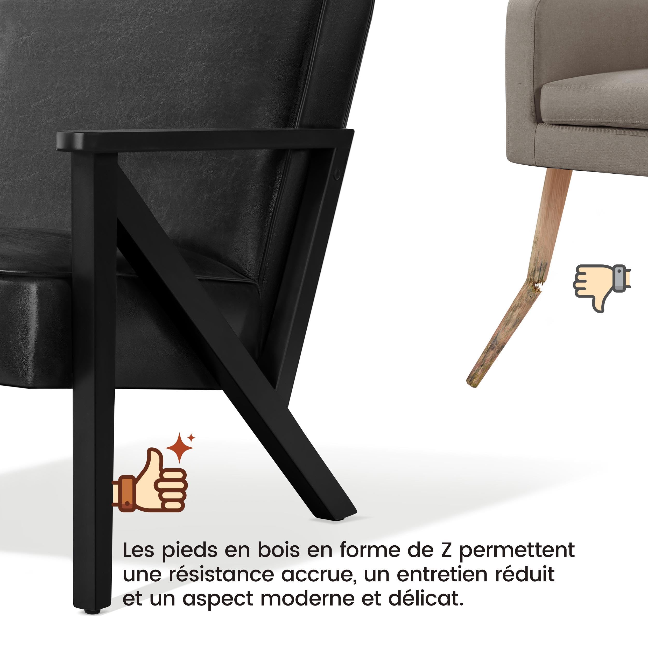 Yaheetech Fauteuil de Salon en Similicuir Fauteuil d’appoint avec Cadre en Bois Pieds et Accoudoirs en Forme de Z Siège de Bureau Chambre Réception Noir