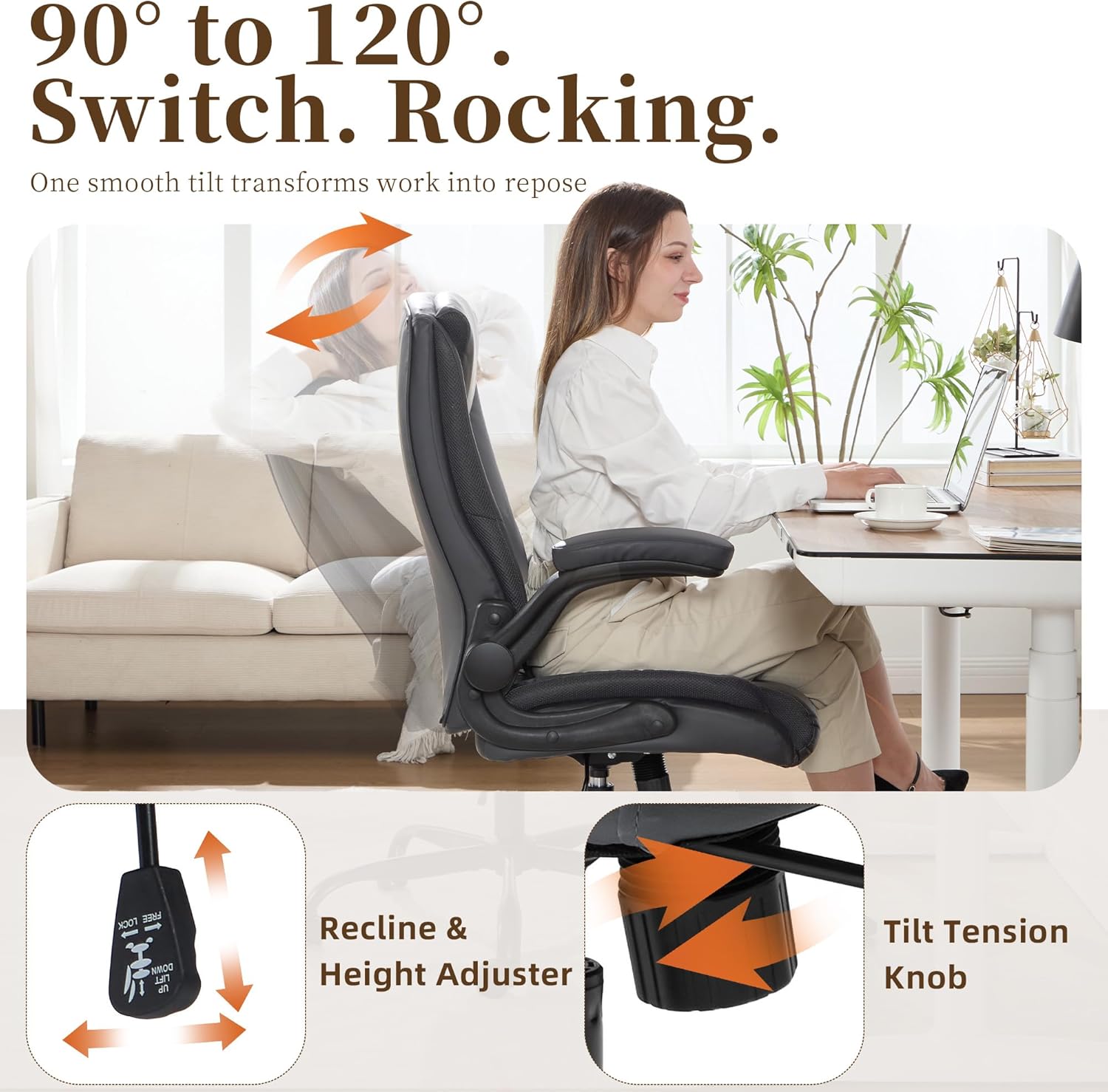 Office Chair, Executive Leather Office Chair with Lumbar Support & Flip-up Armrests, Ergonomic Adjustable High Back Swivel Chair with Rocking Function (Grey) - Image 3