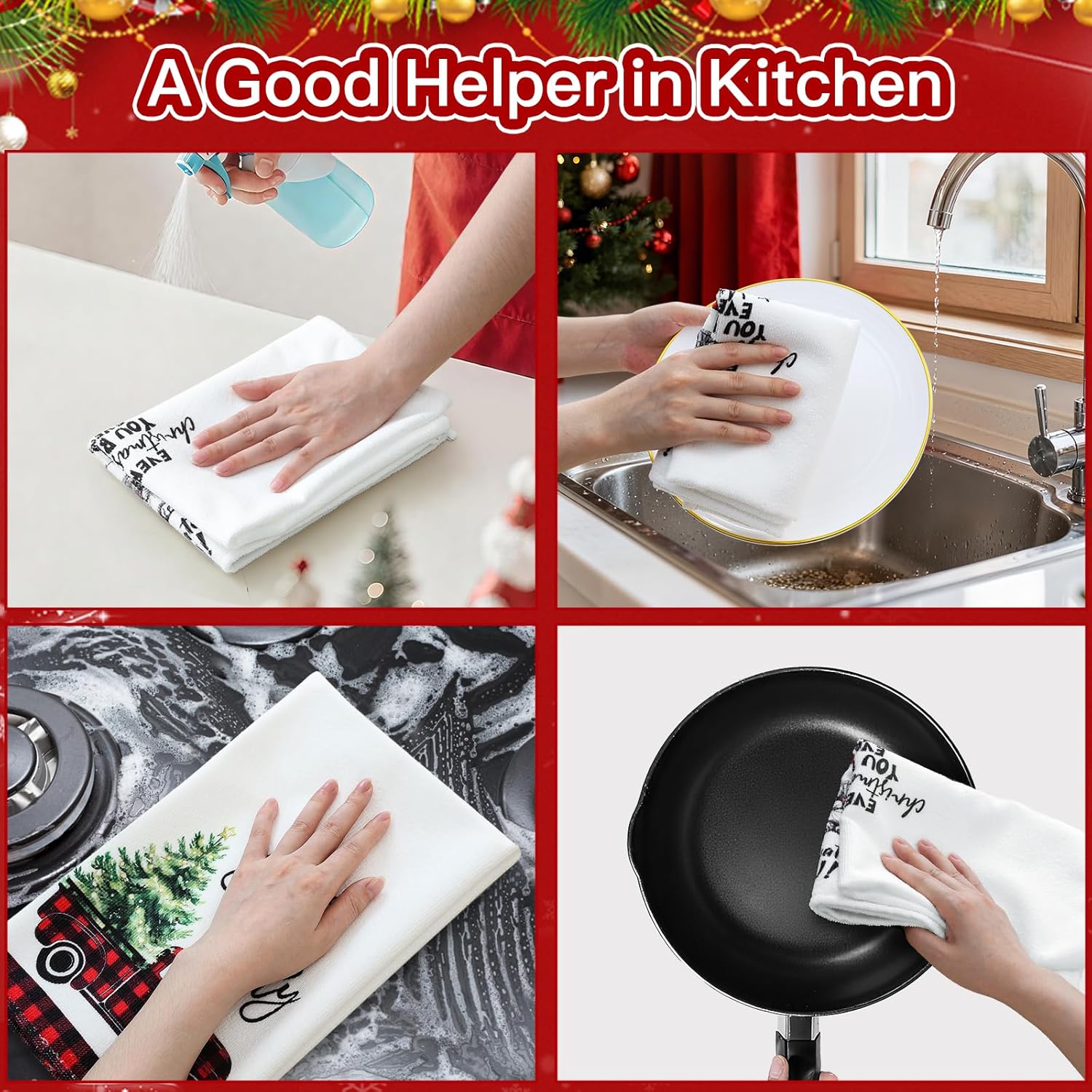 OTOSTAR Merry Christmas Black Red Buffalo Plaid Kitchen Towels Dish Towels 18x26 Inch, Set of 4 Christmas Tree and Truck Winter Decoration Hand Towels for Cleaning Cute Design Home Decor - Image 5