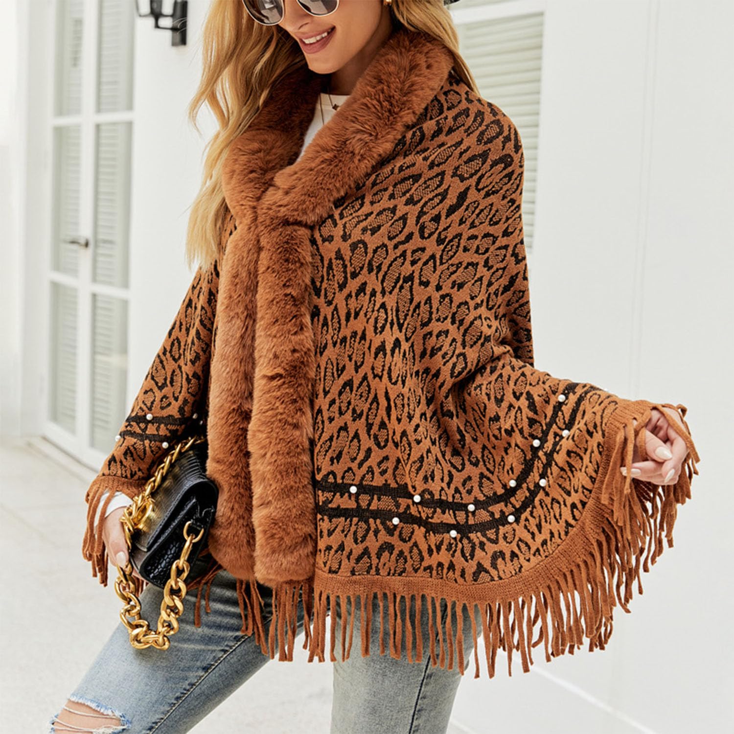 Frauen Gestrickt Schal Schal Leopard Kunstpelz Mantel Quaste Saum Warm Mantel Poncho Strickjacke Pullover Cape