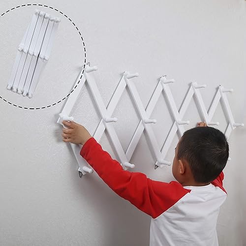 Miniatura 6 de WEBI Perchero de pared de acordeón, perchero de madera expandible, perchero de acordeón para sombreros, gorras, 20 ganchos de clavija, negro y