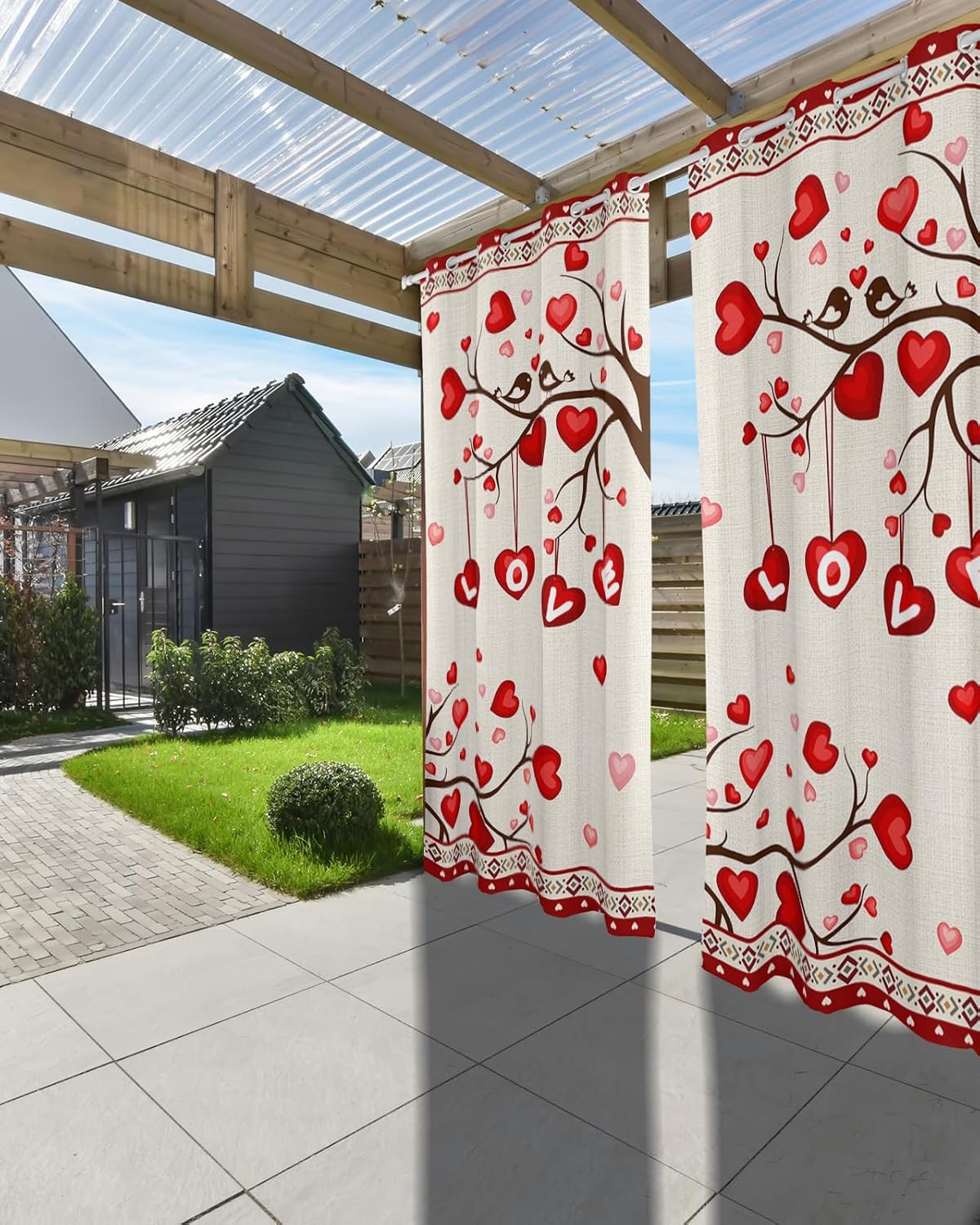 Indoor Outdoor Curtains for Patio Romantic Modern Red Valentine Love Heart Tree Outside Curtains Waterproof Grommet Privacy Drapes Light Filter Curtain for Porch Pergola Gazebo 52"Wx108"L 1 Panel