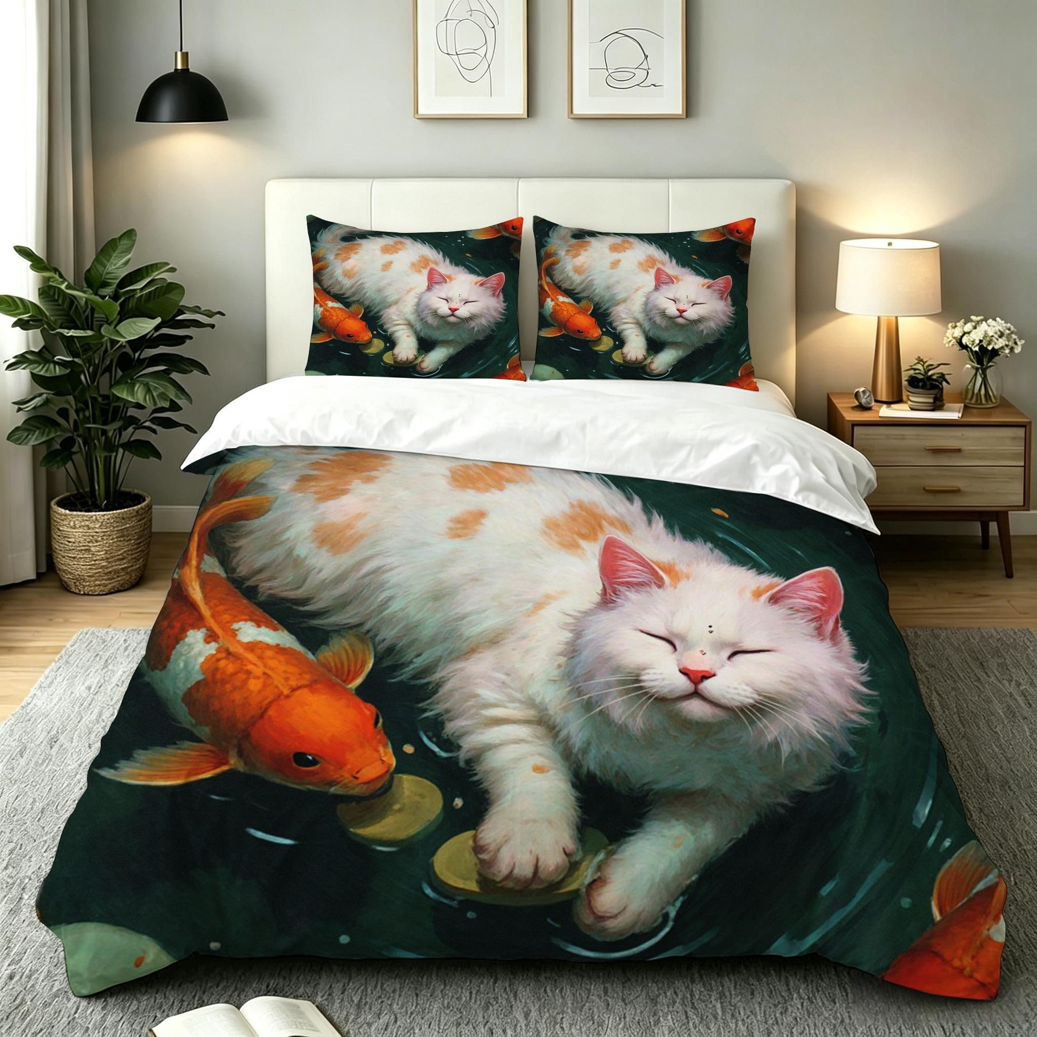 Ensemble de literie 3 pièces 220x240 housse de couette chat poisson rouge