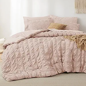 Bedsure Bed in a Bag Twin - 5 Pieces Plaid Seersucker Bedding Comforter Sets, Soft Lightweight Rose Dust Boho Bed Set with Comforters Twin Size, Sheets, Pillowcase & Sham