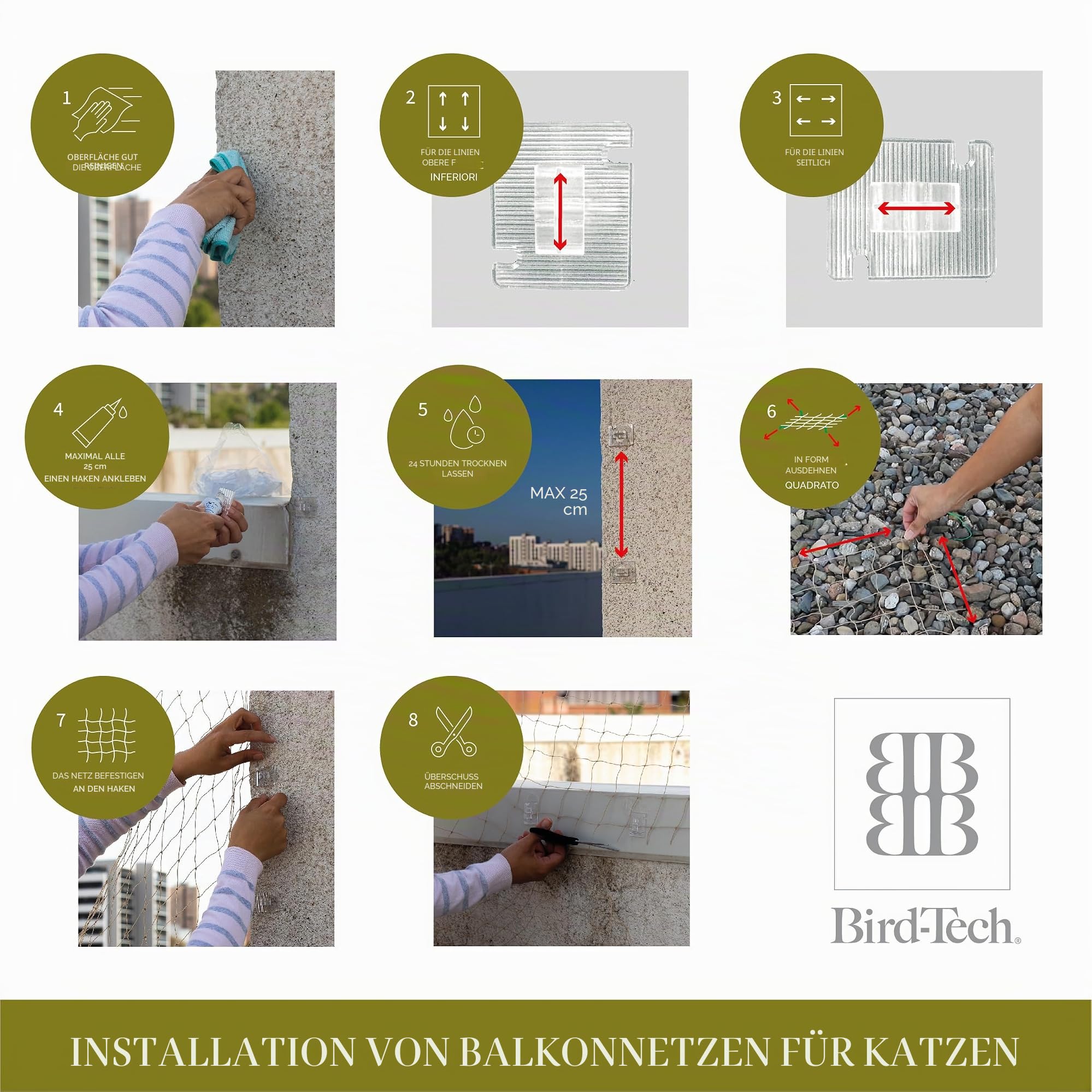 Bird-Tech TM Balkonnetz für Katzen Transparent + 100 Haken + 2 Transparent Silikon, 80 ml (6X3 MTS)