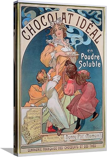 ART.COM Lienzo decorativo para pared, póster publicitario "Chocolat Ideal", 1897 por Alphonse Mucha, decoración de arte vintage, 16 x 24 pulgadas