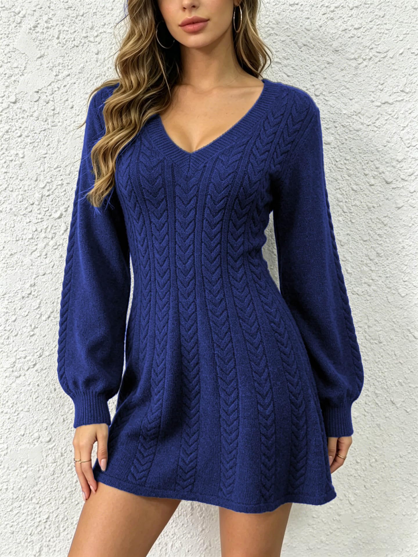 Abito Corto da Donna con Scollo A V E Lavorazione Trecce, Maniche Lunghe Sbuffo, LineaAd ASvasata, vestibilità Aderente, Abito Casual da Festa in Maglia per Autunno/Inverno