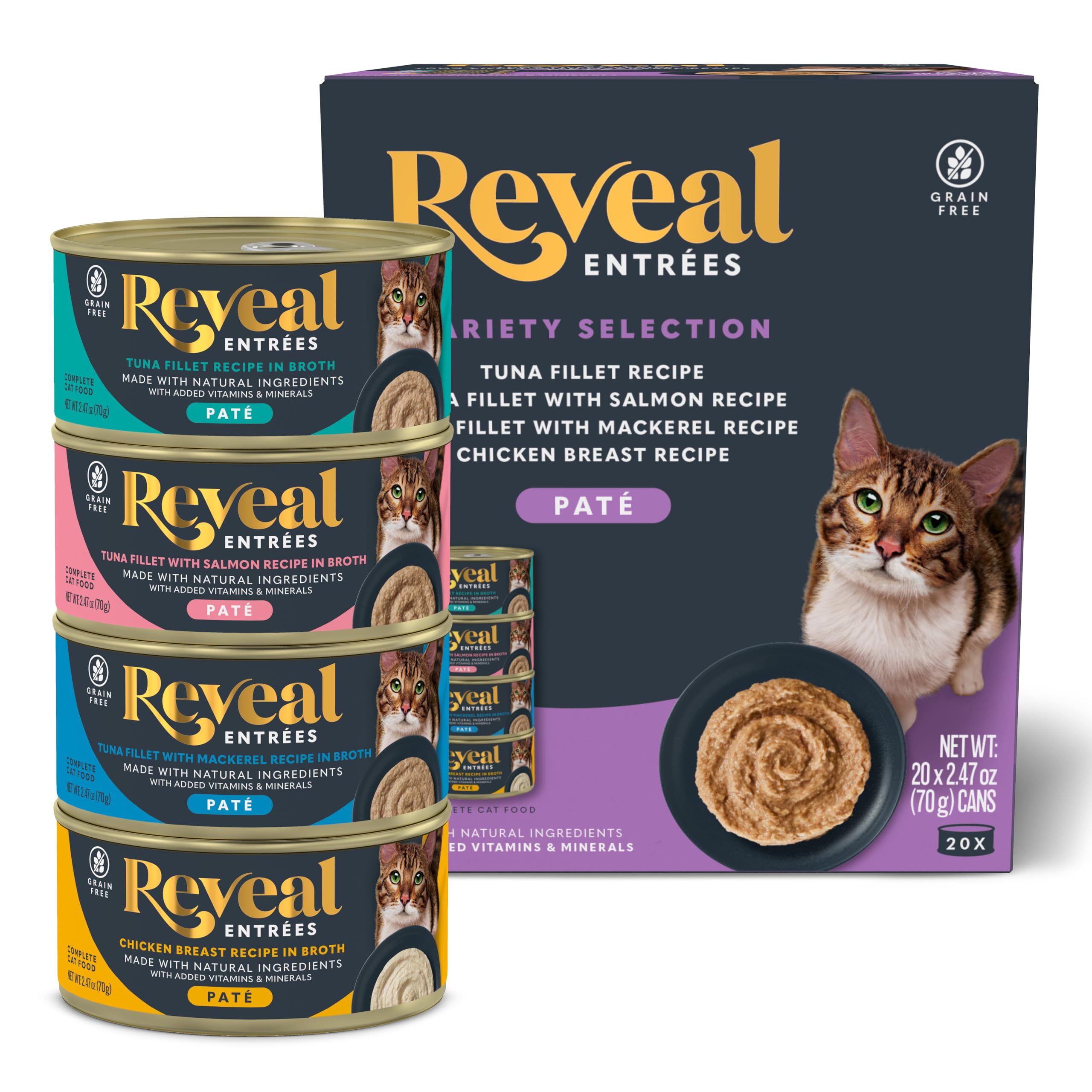 Reveal Entrées Natural Wet Cat Food Paté, Grain-Free with Added Vitamins & Minerals, Carrageenan-Free and High Protein, Variety Selection in Pate (20
