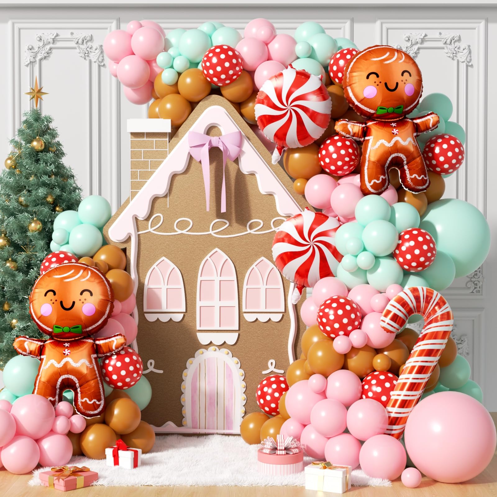 160Pcs Christmas Balloon Arch Garland Kit Xmas Pastel Pink Green Brown Latex Balloons Gingerbread Man Candy Cane Foil Balloons Arch Kit for Christmas New Year Party Birthday Party Decorations