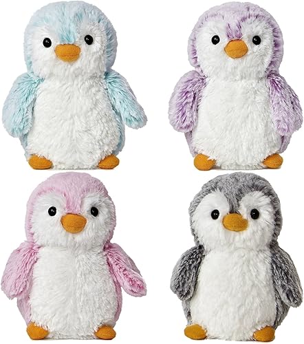 Paquete de 4 pompones de Aurora World Pingüino rosa brillante, azul, morado y gris, 6 pulgadas