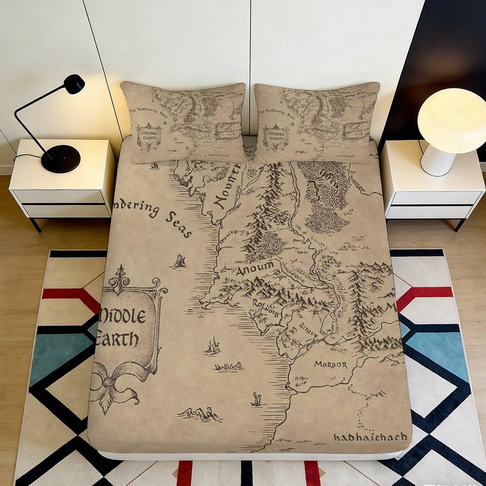 3D Printed Middle Earth Vintage Map Fitted Sheet Microfiber Soft Breathable Fantasy Mattress Cover for Bedroom Dorm Decor 90x200x25cm