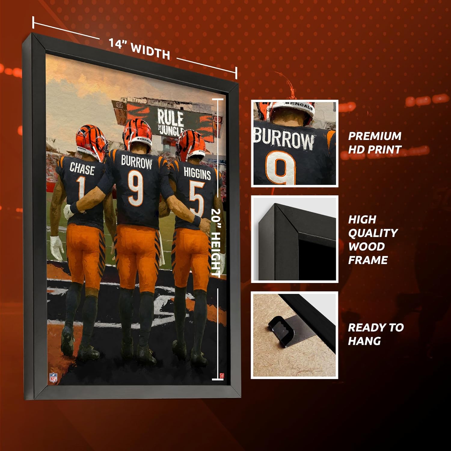 Sporticulture NFL American Football Framed Wall Art - Cincinnati Bengals - Jamaar Chase - Joe Burrow - Tee Higgins - Picture Poster for Boys Bedroom and Man Cave, Ready to Hang, 14" x 20" - Image 4