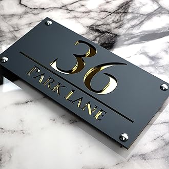 K SMART SIGN | LUXE H3 F32 | House Numbers Plaques House Numbers Door Laser Signs Number Name Personalised Plaques For Outside 3D Laser Cut acrylic Mirrored Marble (Dark Gray & Gold Mirror)