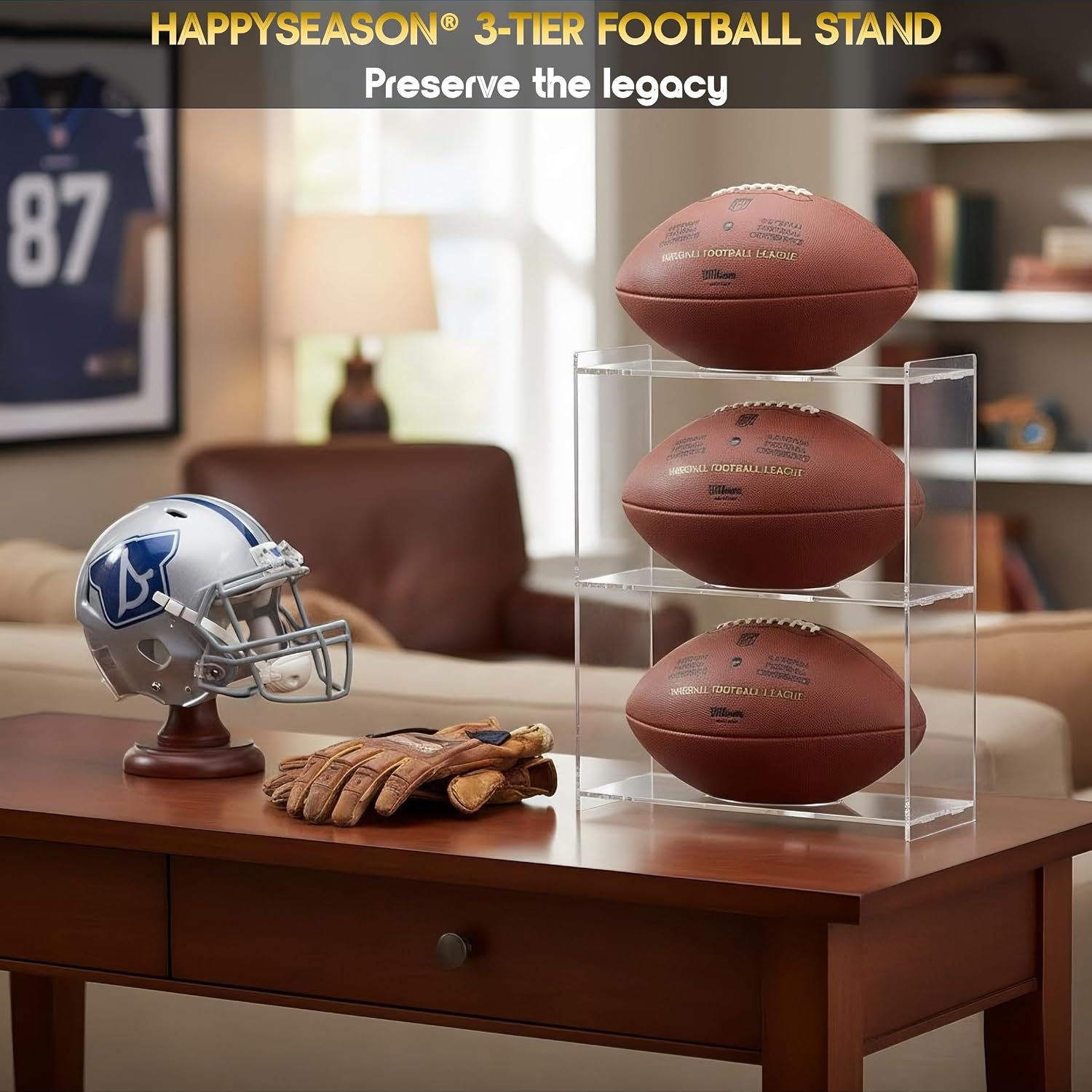 Happyseason 3-Tier Football Display Stand, Vertical Acrylic Ball Holder Rack for Full Size, Youth, College Football & Rugby Ball, Clear Storage Organizer for Autographed Sports Memorabilia Décor