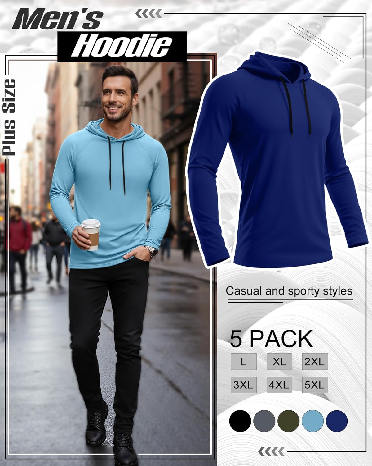 5 Pack Men's Big and Tall Hoodies Long Sleeve Lightweight Sweatshirt Workout Pullover Multipack - Image 3