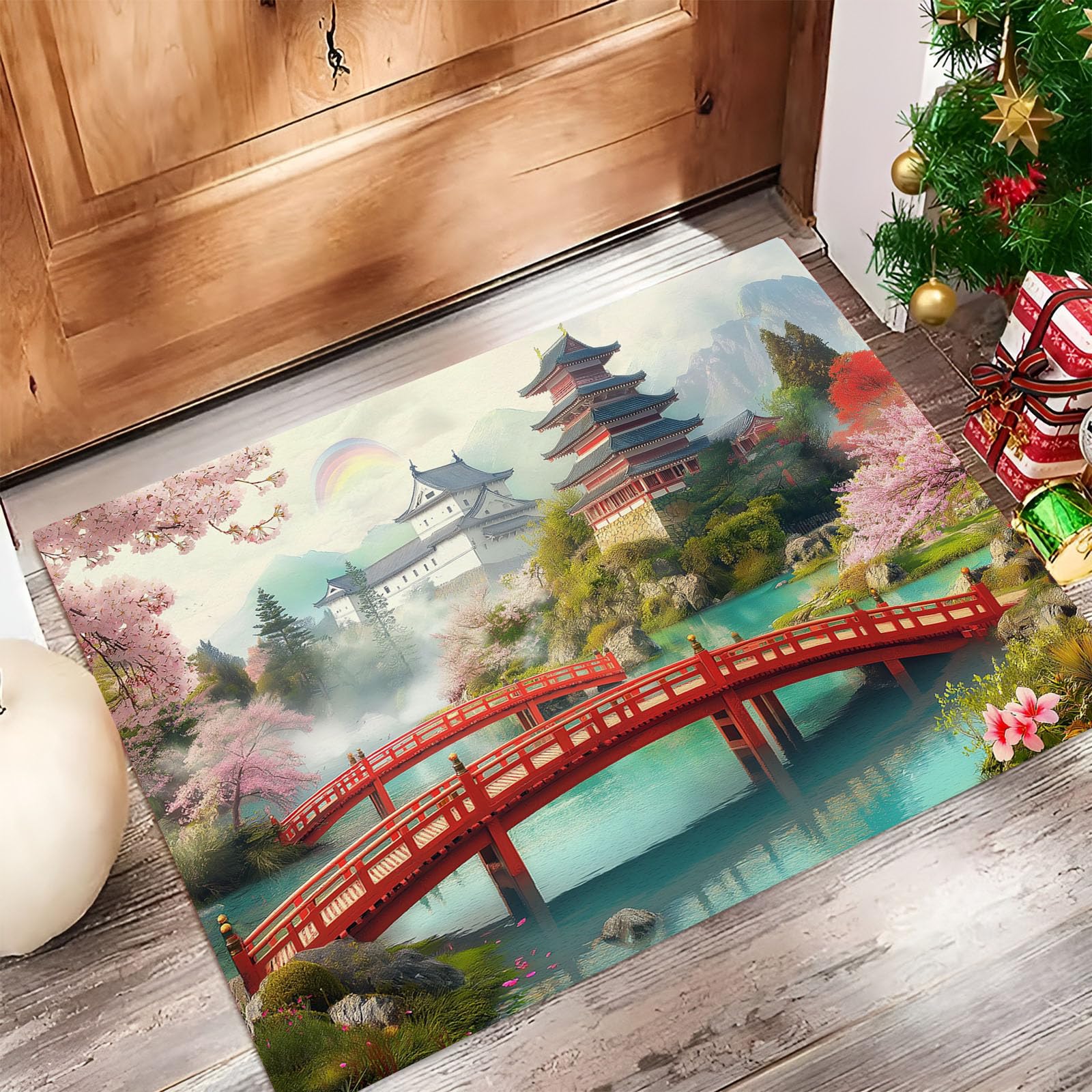 Paillassons pour entrée 60x120 cm Tapis de Porte Jardin Japonais Interieur Tapis Fleurs Cerisier En Pleine Floraison Antidérapant Absorbant, Facile à Nettoyer pour Couloir Chambre Cuisine, Rose