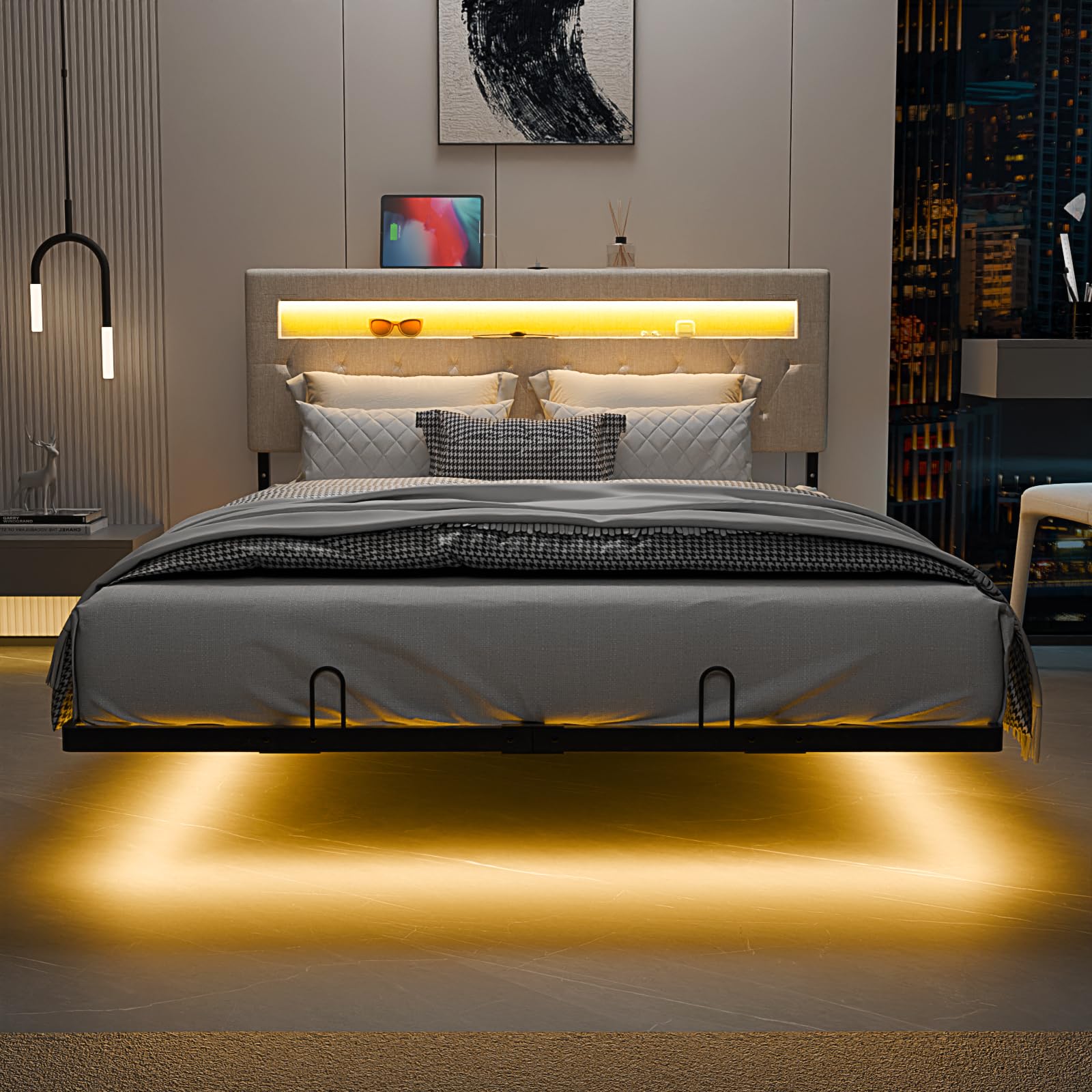 Bonnlo Struttura Letto Matrimoniale con LED e Ricarica, Letto Matrimoniale con Rete Doghe, Effetto Lino (senza materasso) (Beige, 160x200cm)