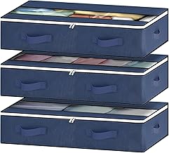 GoMaihe Underbed Closet Storage Boxes 3 Sets Space-Saving Folding Wardrobe Organizer with Observation Window and Handle for Organizer Quilts Seasonal Clothes Blue