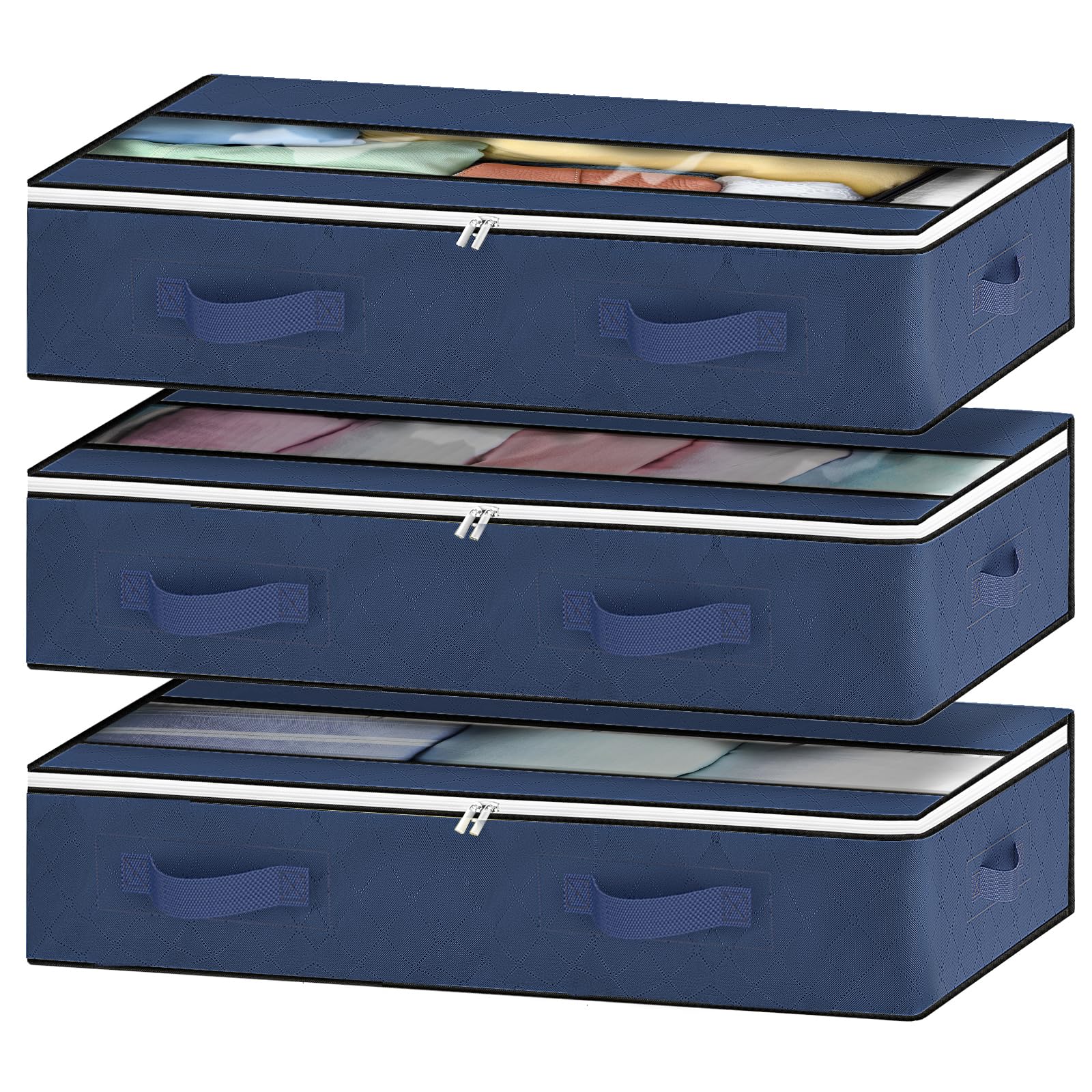 GoMaihe 3 Piezas, Almacenaje Bajo Cama, Plegable Bolsas para Guardar Ropa Con Mango Reforzado, Caja Organizador Armario para Edredón, Manta Zapatero Azul