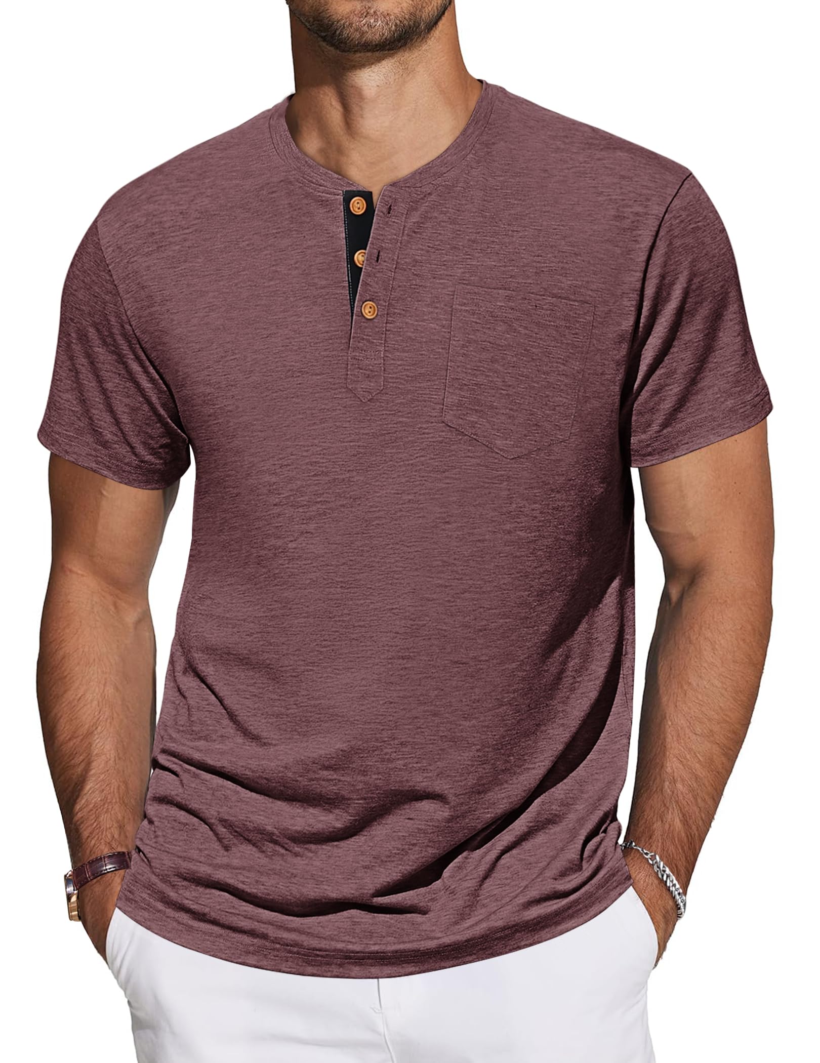 TARAINYA Henley T-Shirt Uomo Cotone Maglietta Maniche Corte Tinta Unita con Tasche Estate M-4XL