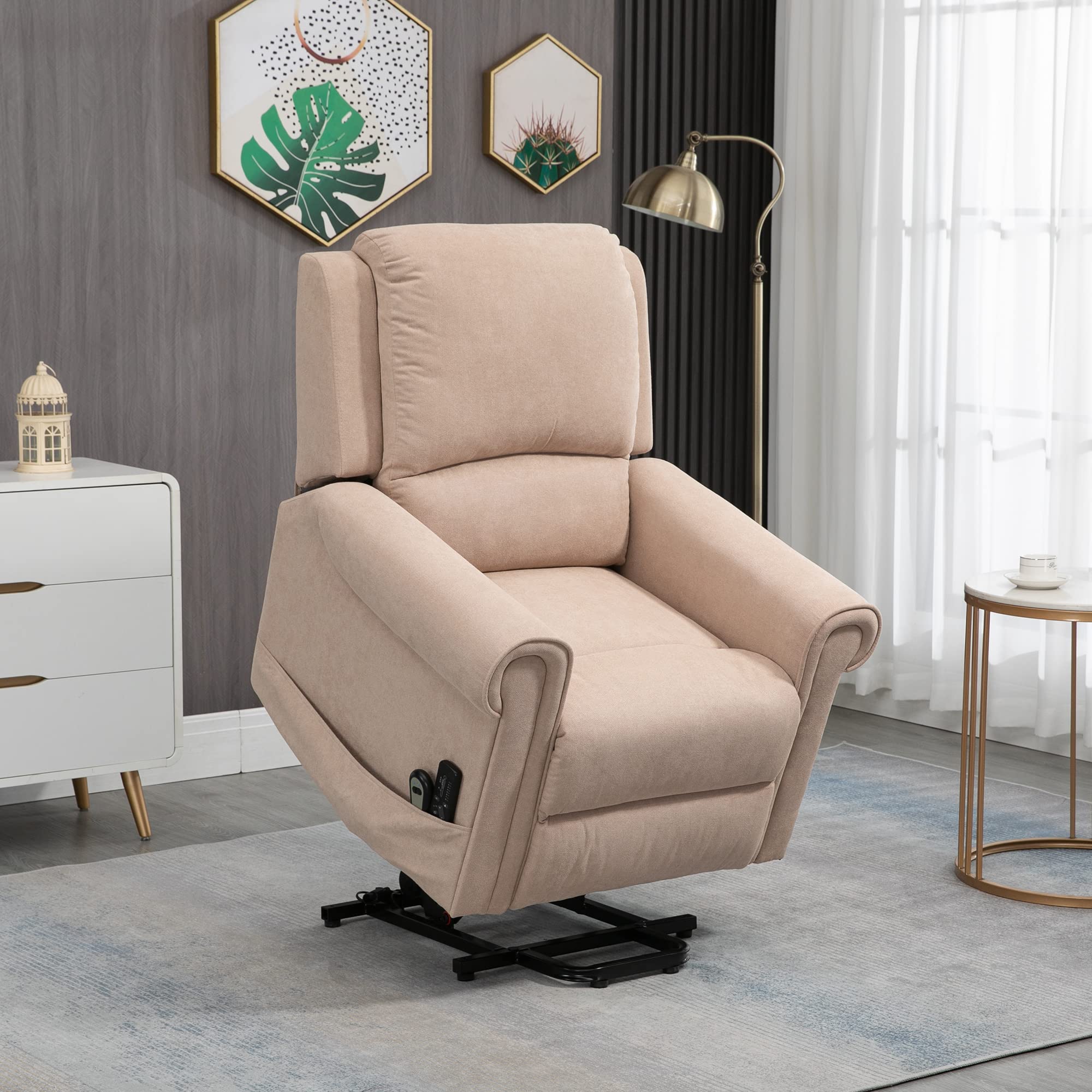 HOMCOM Poltrona Elettrica Alzapersona con 8 Punti Massaggio, Reclinabile 135°, Poltrona Relax Elettrica in Velluto per Anziani e Disabili con Telecomando, Poggiapiedi, Tasche Laterali, Marrone Chiaro