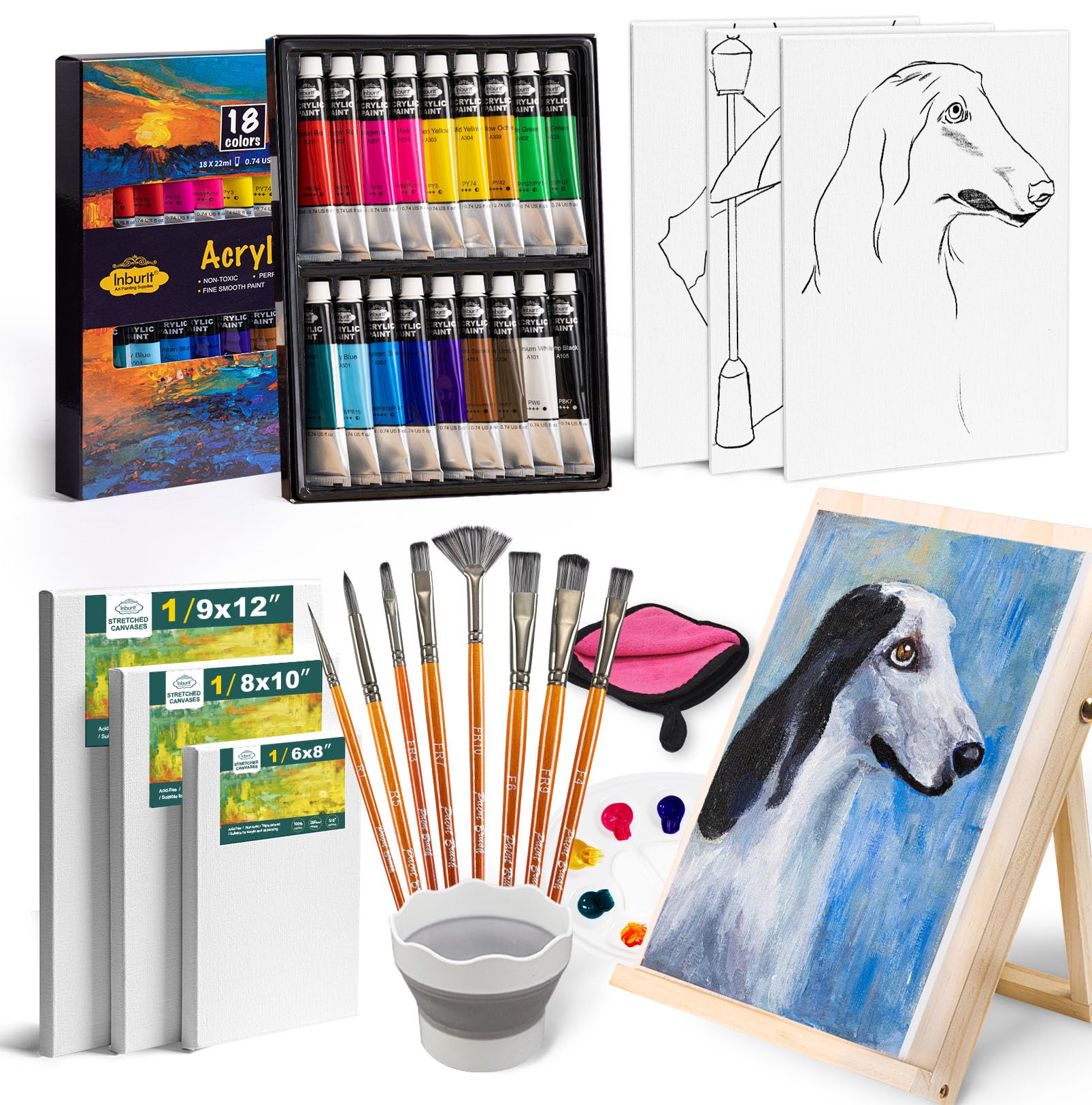 Inburit Lot de 36 kits de peinture acrylique pour adultes et enfants, ensemble de peinture acrylique avec chevalet en bois, 18 couleurs, 8 pinceaux, 6 toiles, kit de peinture pour artistes débutants