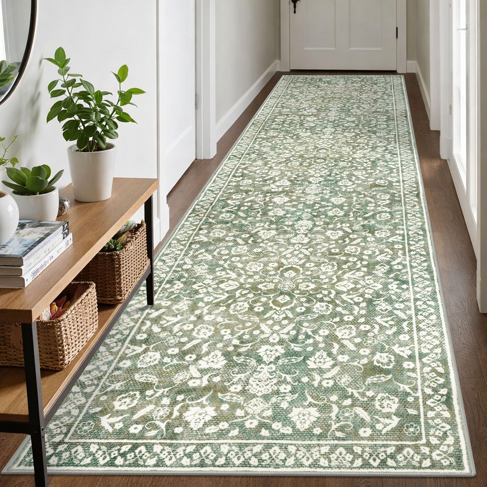 SILOLOOM Vintage Runner Rugs for Hallway 3x10, Sage Green Beige Washable Long Hallway Runner Rug Non Slip, Super Soft Kitchen Runner Rug, Print Faux