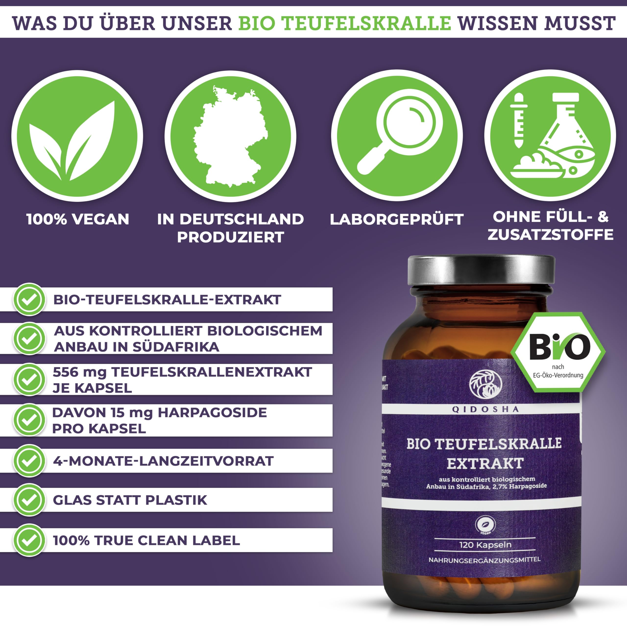 QIDOSHA® Bio Teufelskralle Extrakt Kapseln, 120 Kapseln im Apothekerglas, Rohmaterial in Bio-Qualität aus Südafrika, deutsche Fertigung, jede Charge laborgeprüft