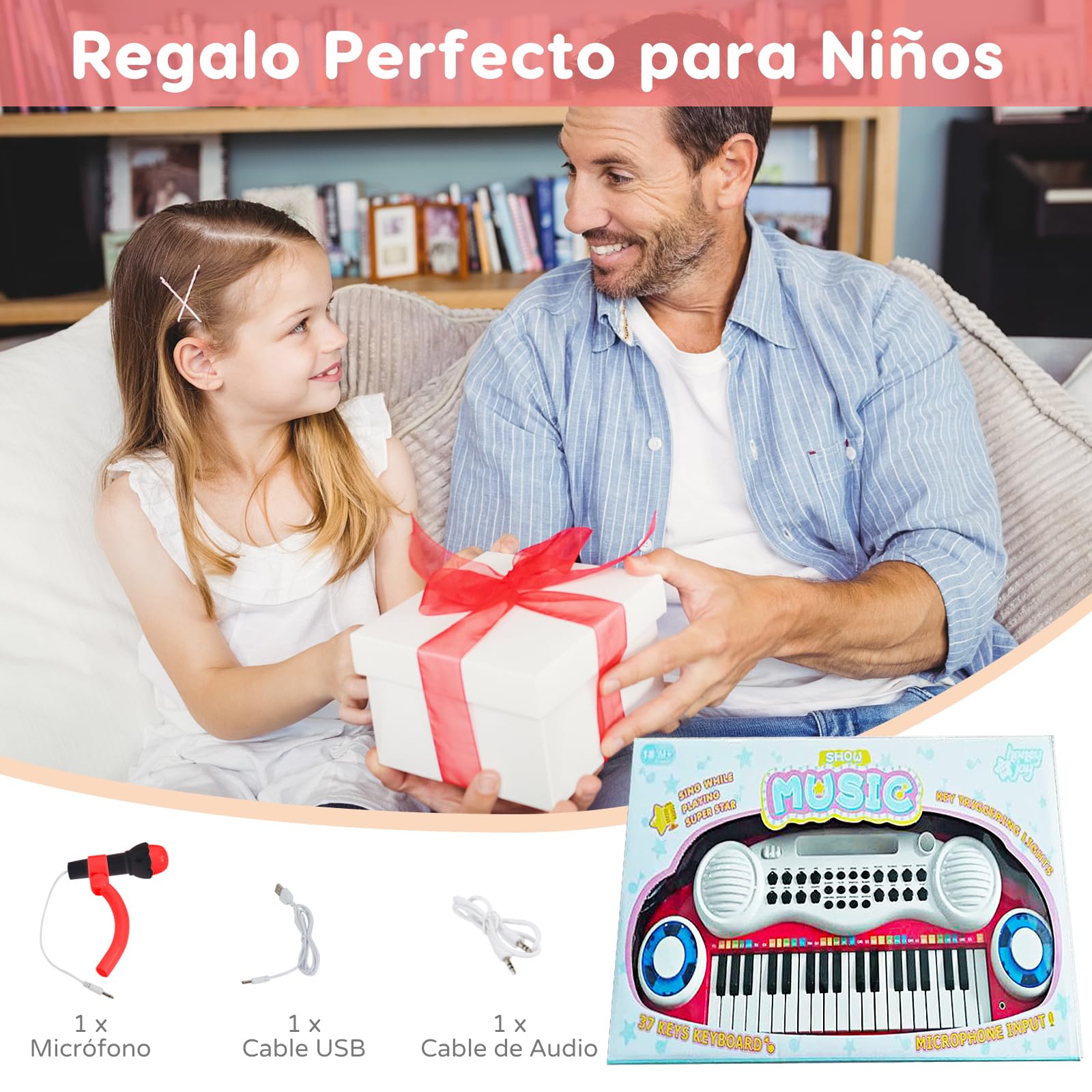 RELAX4LIFE Piano Infantil con 37 Teclas, Luces, Micrófono Ajustable, Grabación y Reproducción, Atril, 8 Estilos, 4 Percusiones, Volumen y Ritmo Regulables, Teclado Piano para Niños de 18+ Meses (Rojo)