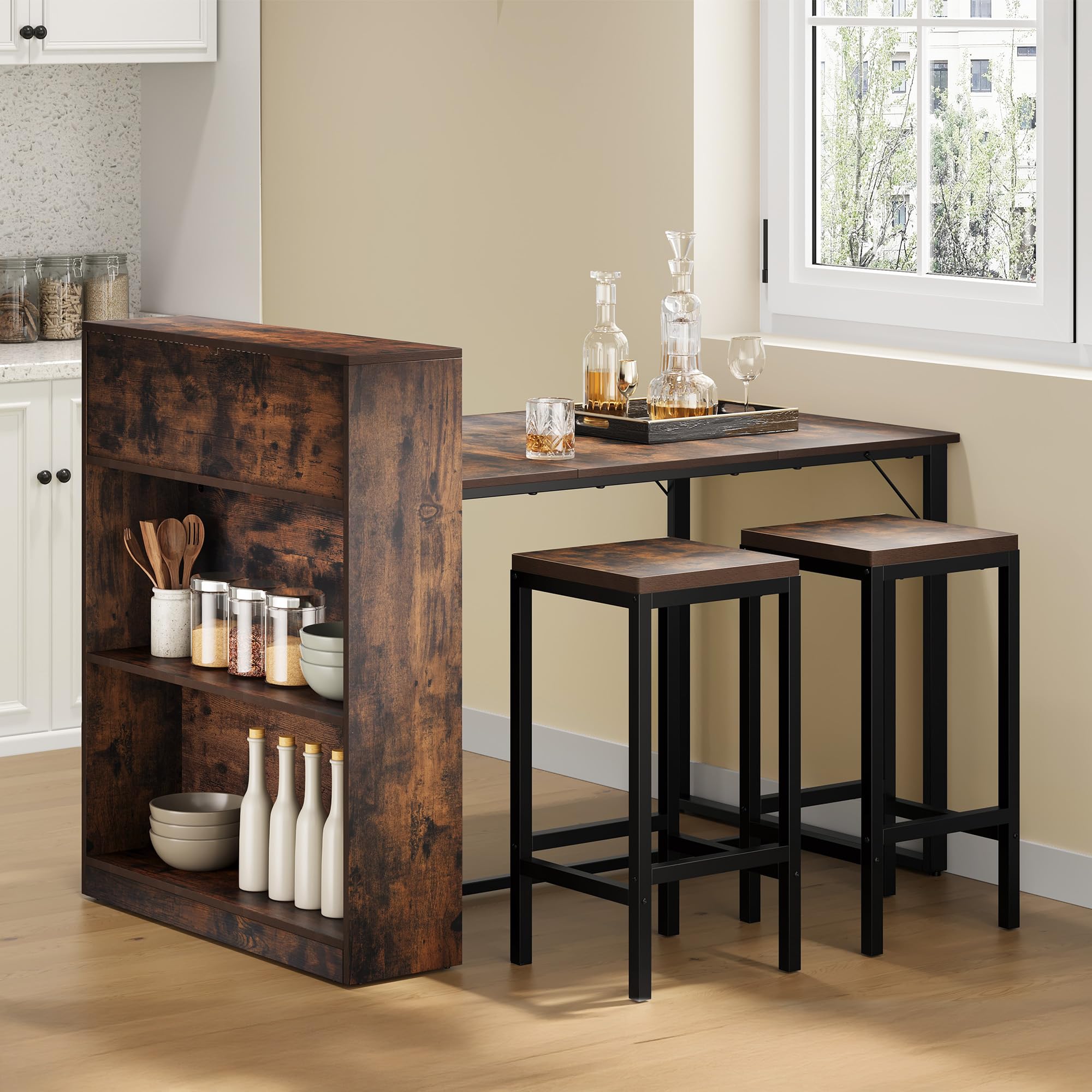 YITAHOME Esstisch mit Ablageflächen, 130 x 77,4 x 75/95 cm, stabiles Metallgestell, Industriestil, für Wohnzimmer, Küche, Rustikales Braun und Schwarz