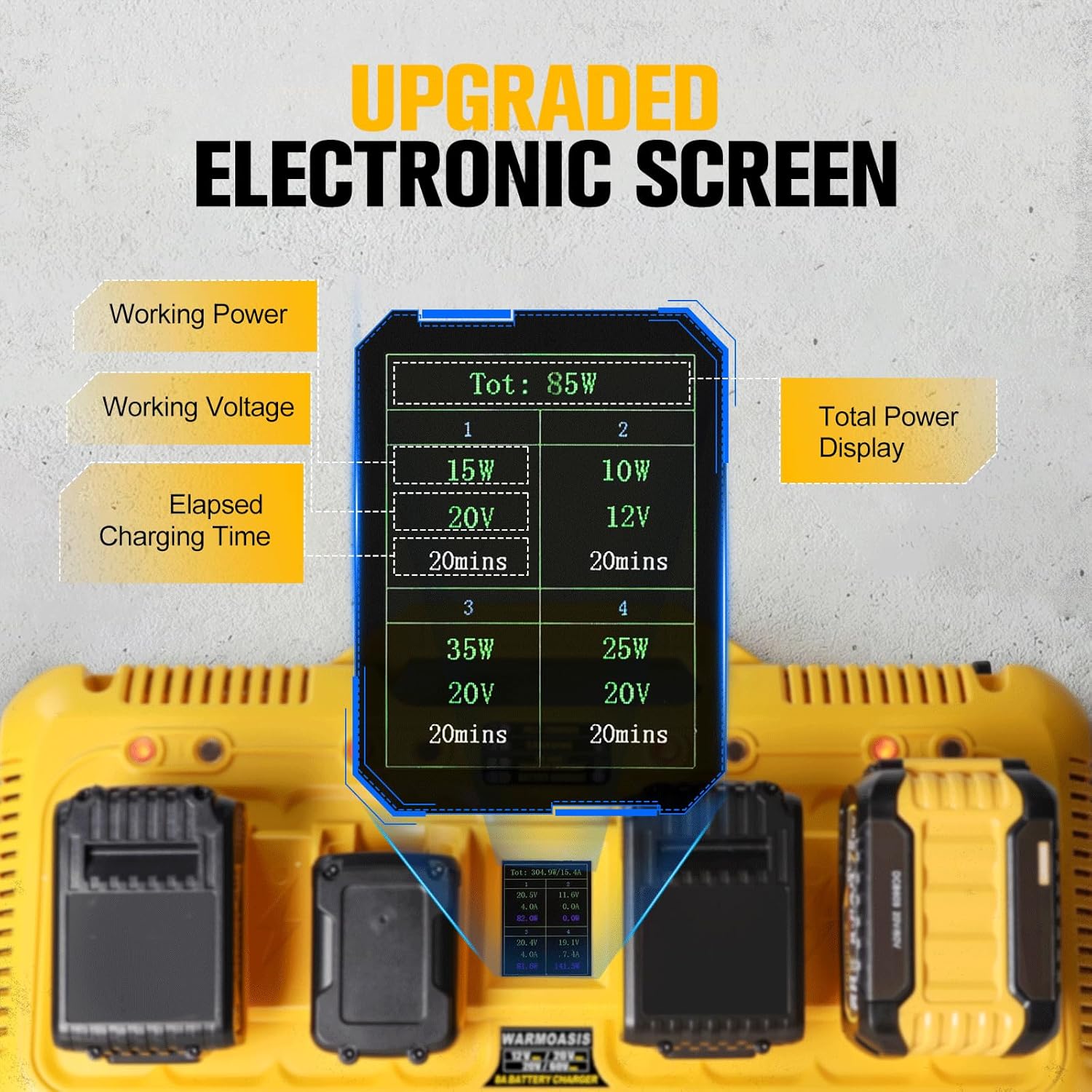 Upgraded DCB104 8A Fast Battery Charging 4-Port Station, LCD Display, Compatible with Dewalt 12V MAX, 20V MAX & 20V/60V MAX Batteries, Compatible with Toughsystem Tools, 6 Protection Charging