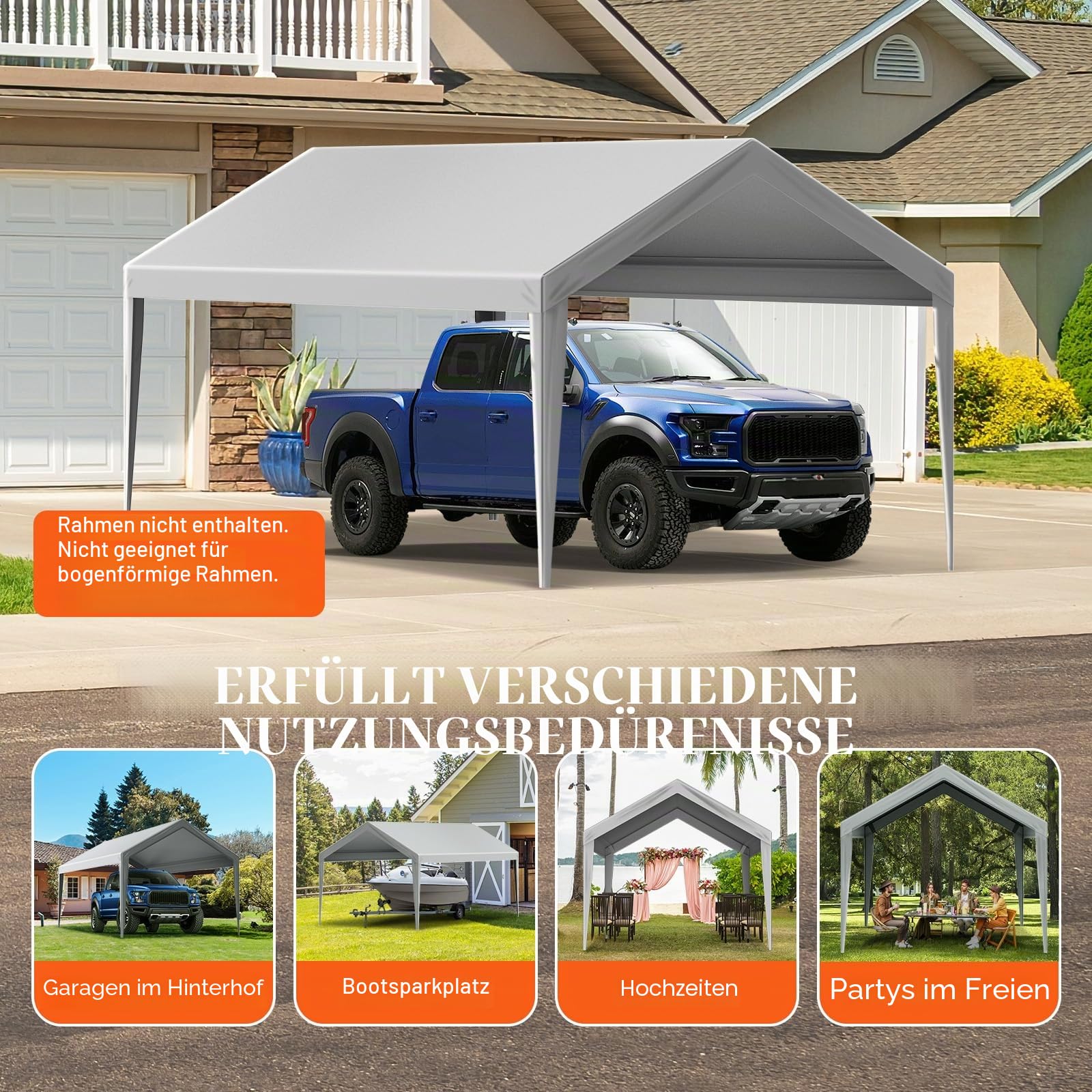 VEVOR Carport-Garagenzelt, 3 x 6 m, Garagendachzelt, wasserdicht und UV-geschützt, einfache Installation mit Spanngurten, Grau (nur Dachabdeckung, Rahmen Nicht im Lieferumfang enthalten)