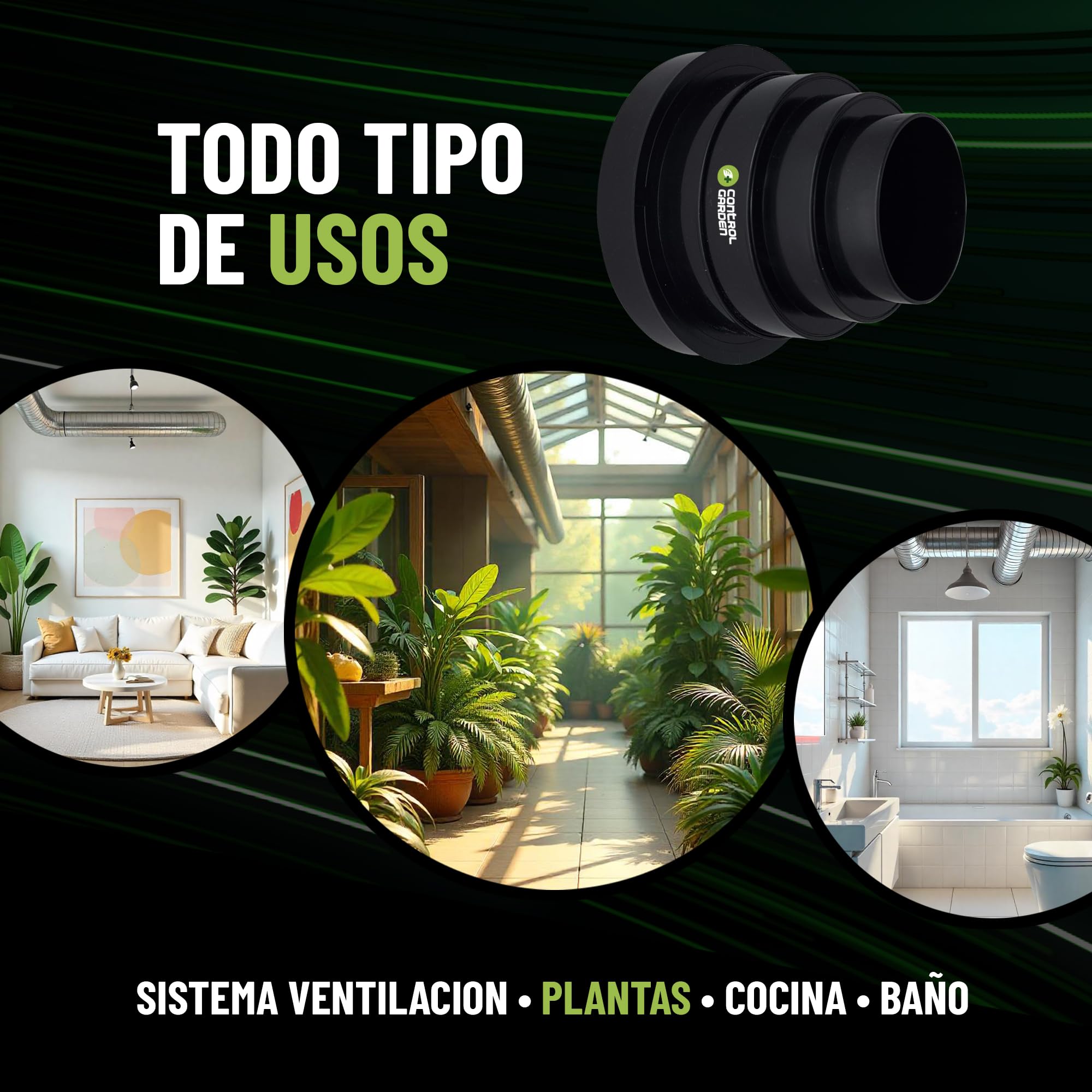 CONTROL GARDEN Reductor Universal para Sistemas Ventilación - Acople Conector para Conductos Ventilación Diámetro Ø 80 100 120 125 150 mm - Reductor Tubo Negro