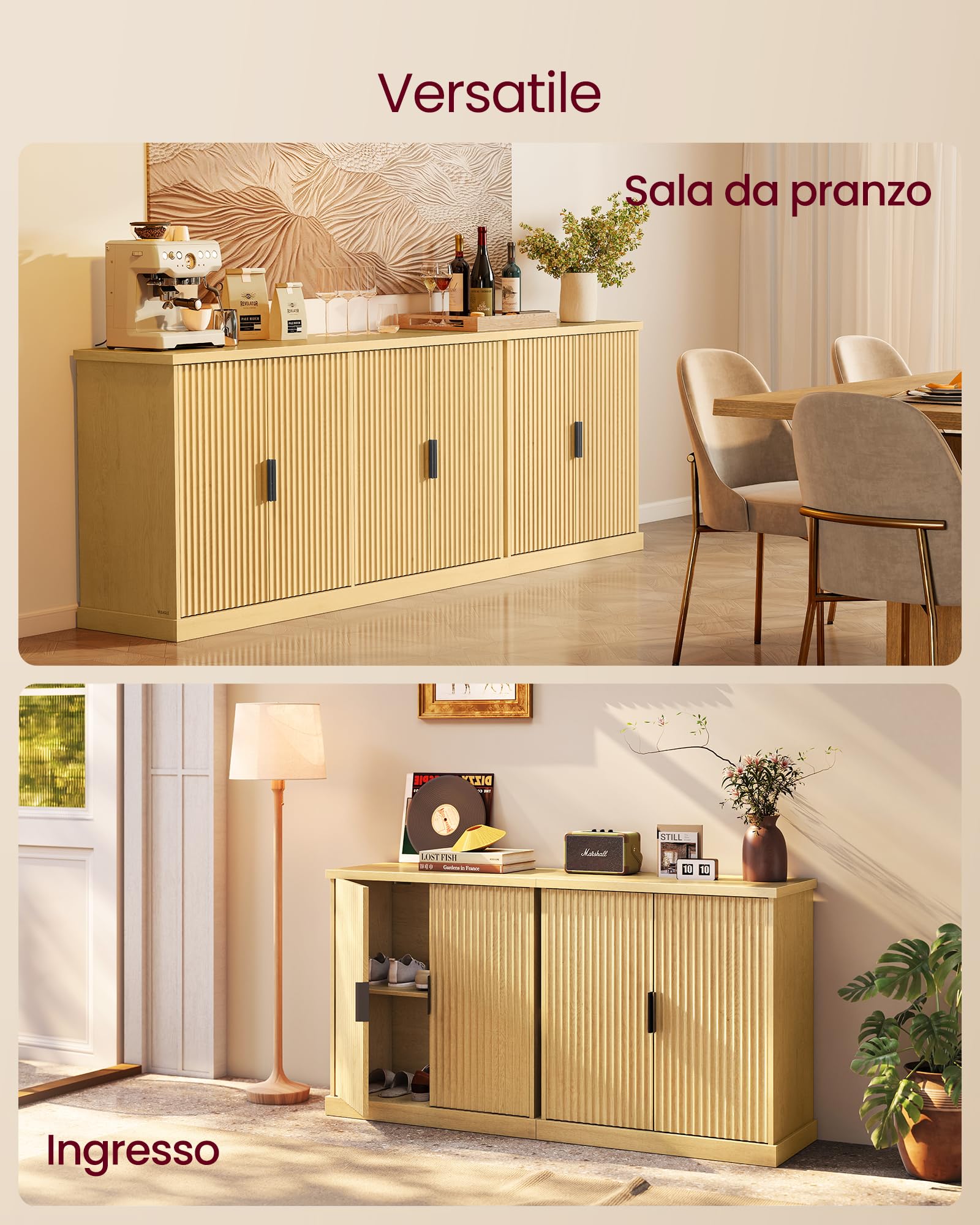 VASAGLE MAXE Collezione - Credenza, Mobile Console, Madia con Ripiani Regolabili, Ante Scanellate, Stile Transizionale, Dispensa Cucina Sala da Pranzo, Beige Rovere BBK344Y01