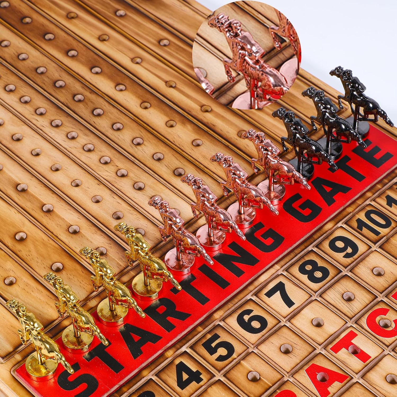 Large 21 inches Horse Racing Board Game with 11 Luxury Metal Horses Thickened Wood Horse Race Game Board with 2 Sets of Dice,2 Boxes of Cards and 100 Poker Chips for Parties and Gambling